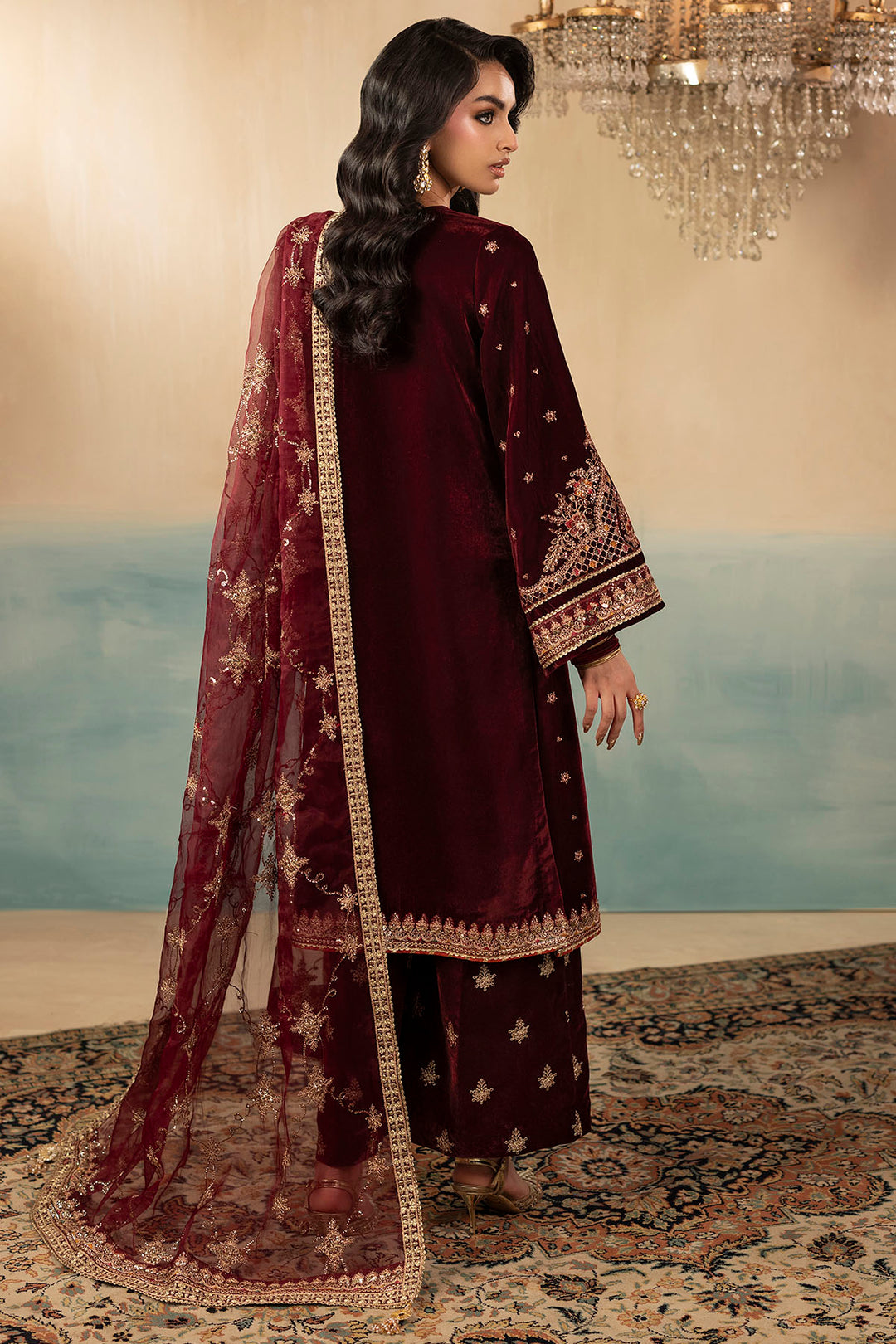 5667-SKY EMBROIDERED VELVET UNSTITCHED