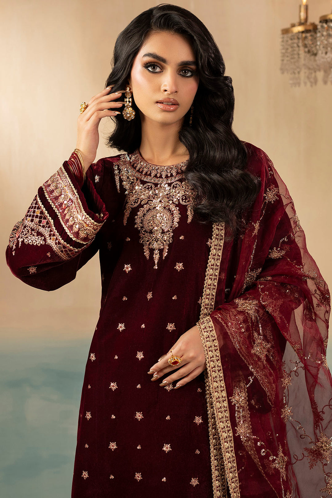 5667-SKY EMBROIDERED VELVET UNSTITCHED