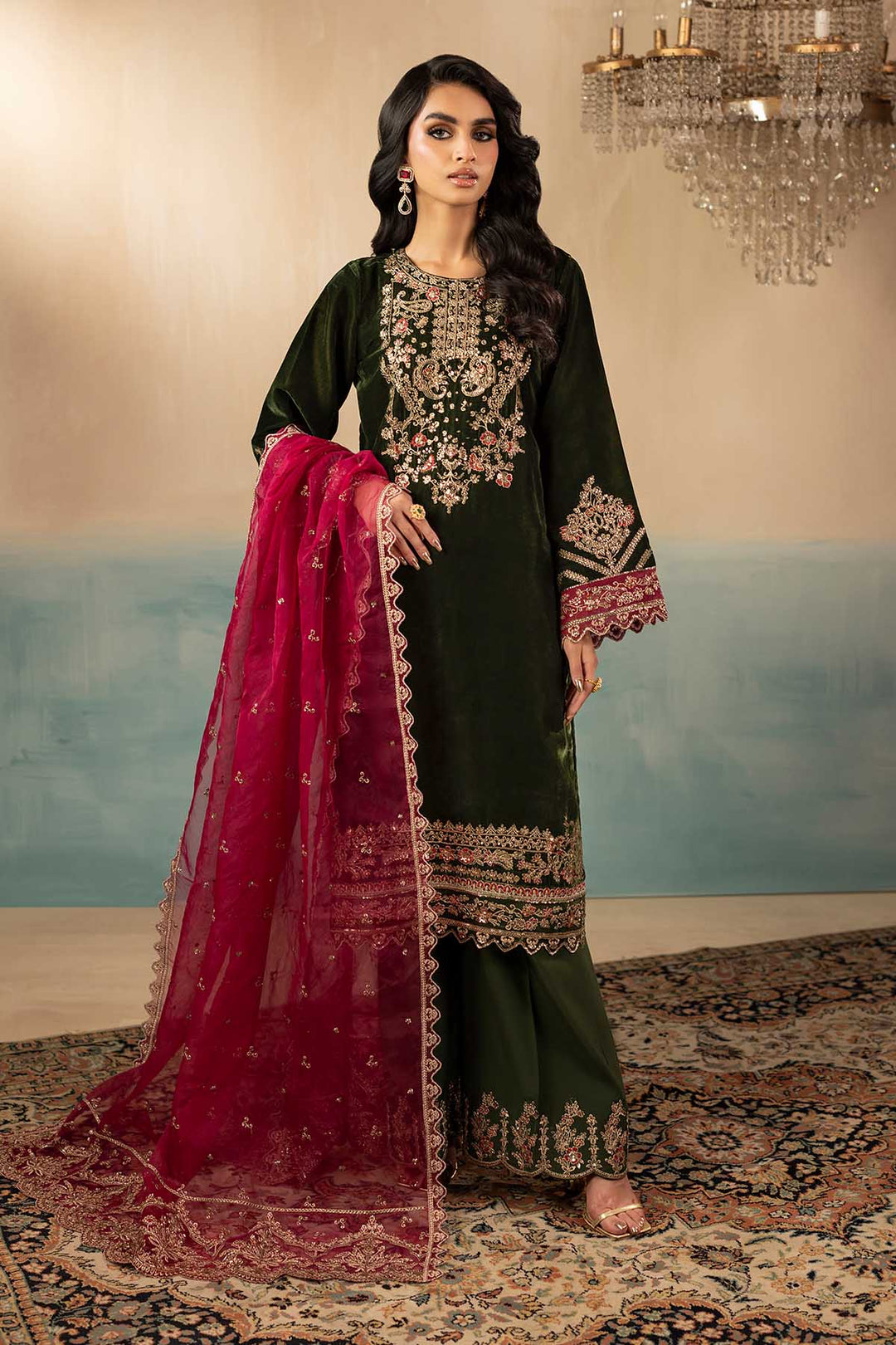 5669-SAGE EMBROIDERED VELVET UNSTITCHED