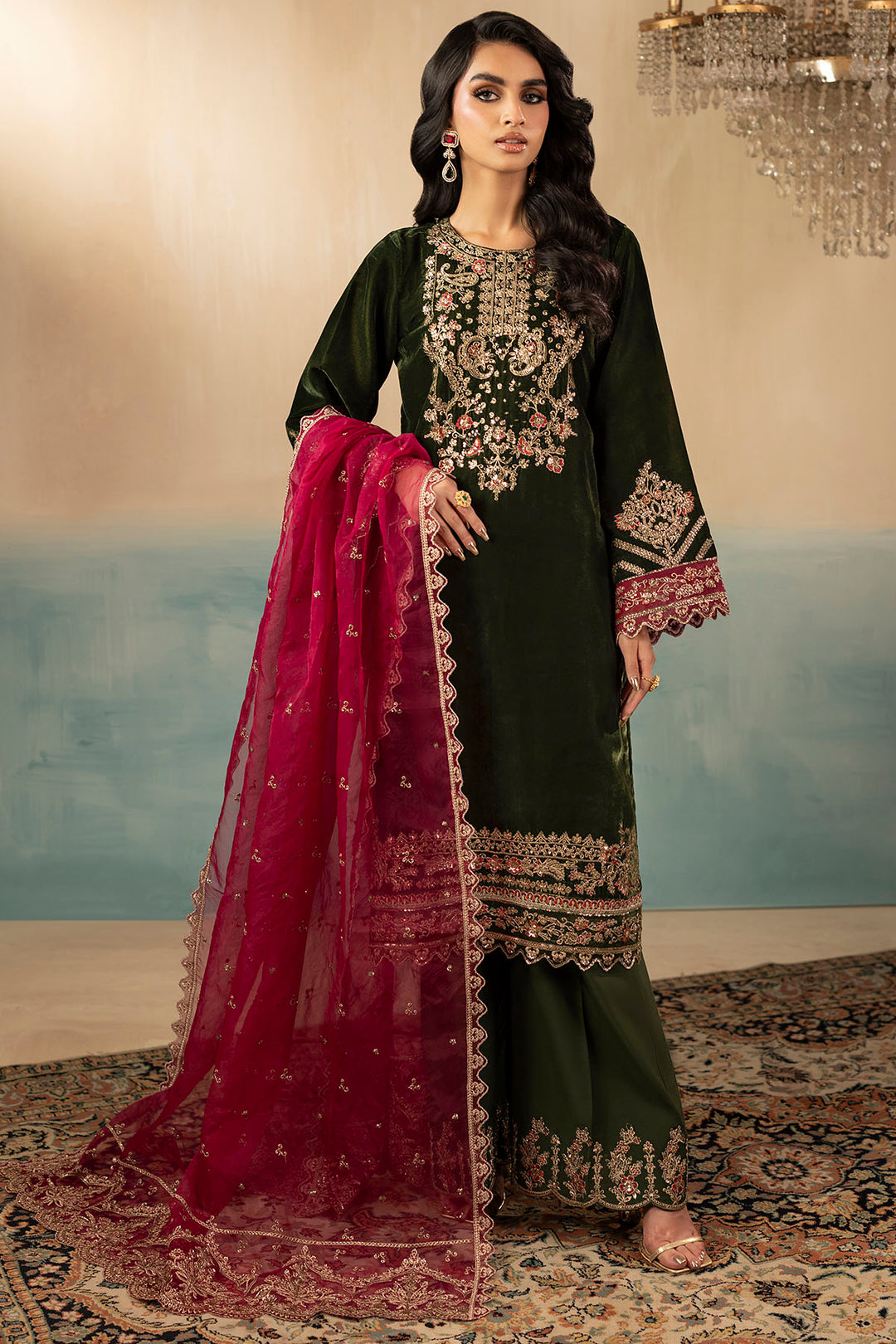 5669-SAGE EMBROIDERED VELVET UNSTITCHED