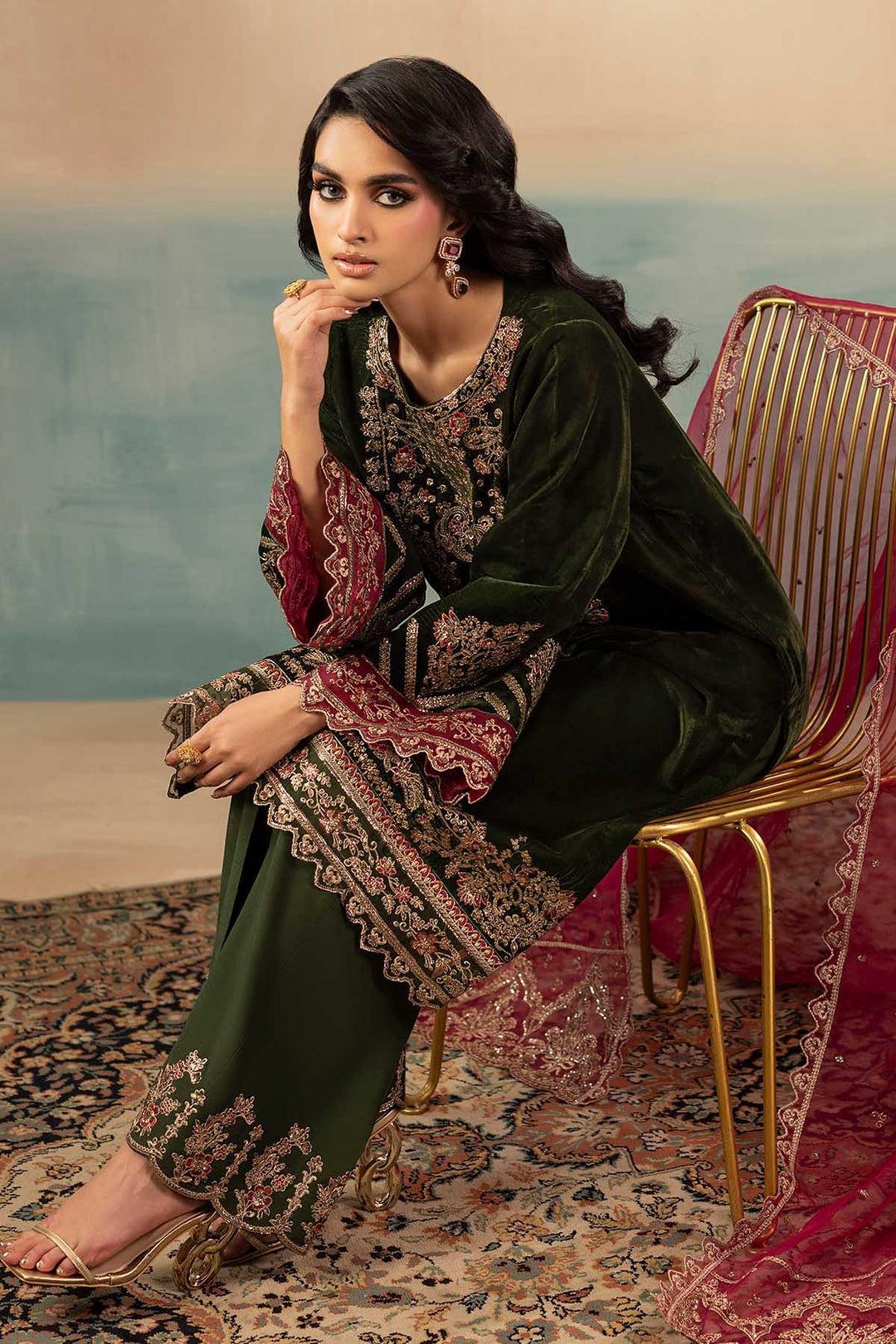 5669-SAGE EMBROIDERED VELVET UNSTITCHED