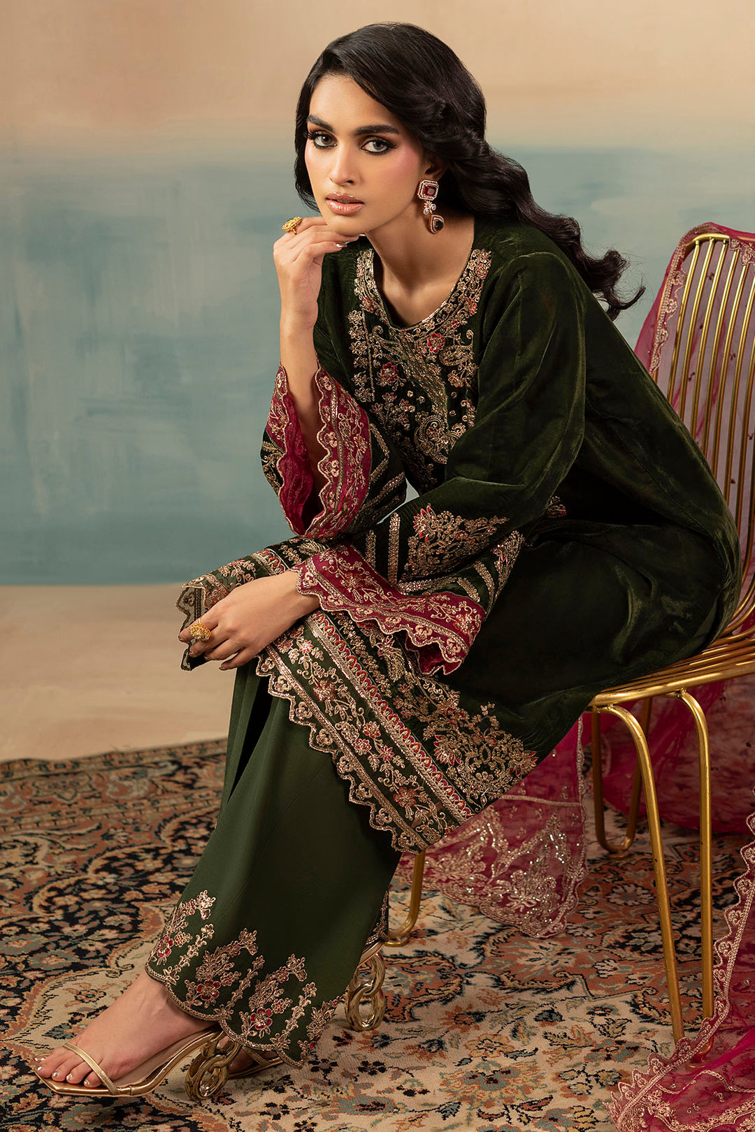 5669-SAGE EMBROIDERED VELVET UNSTITCHED