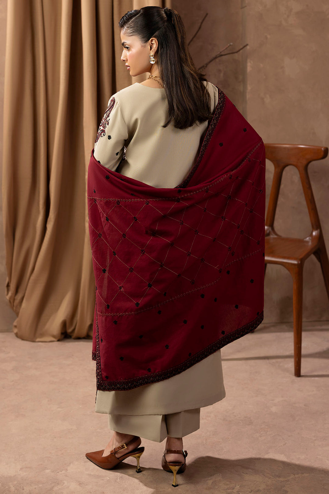 5678-LATTE EMBROIDERED KHADDAR STITCHED