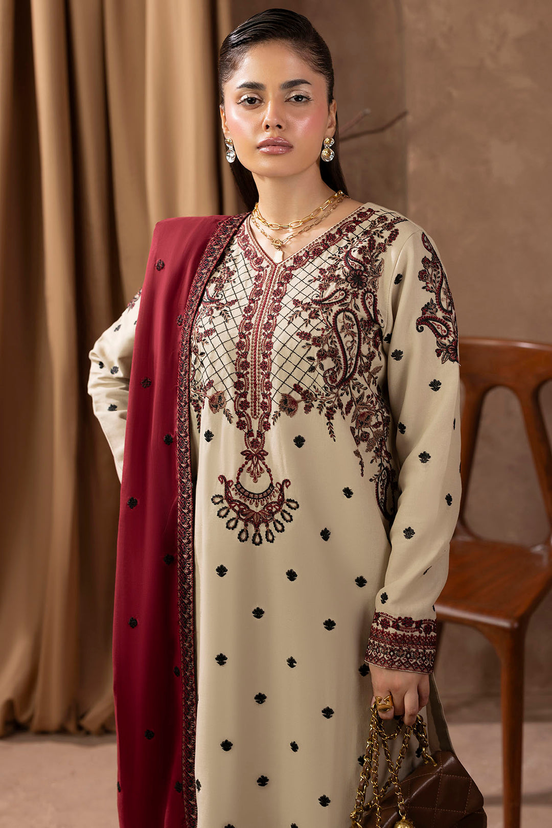 5678-LATTE EMBROIDERED KHADDAR STITCHED
