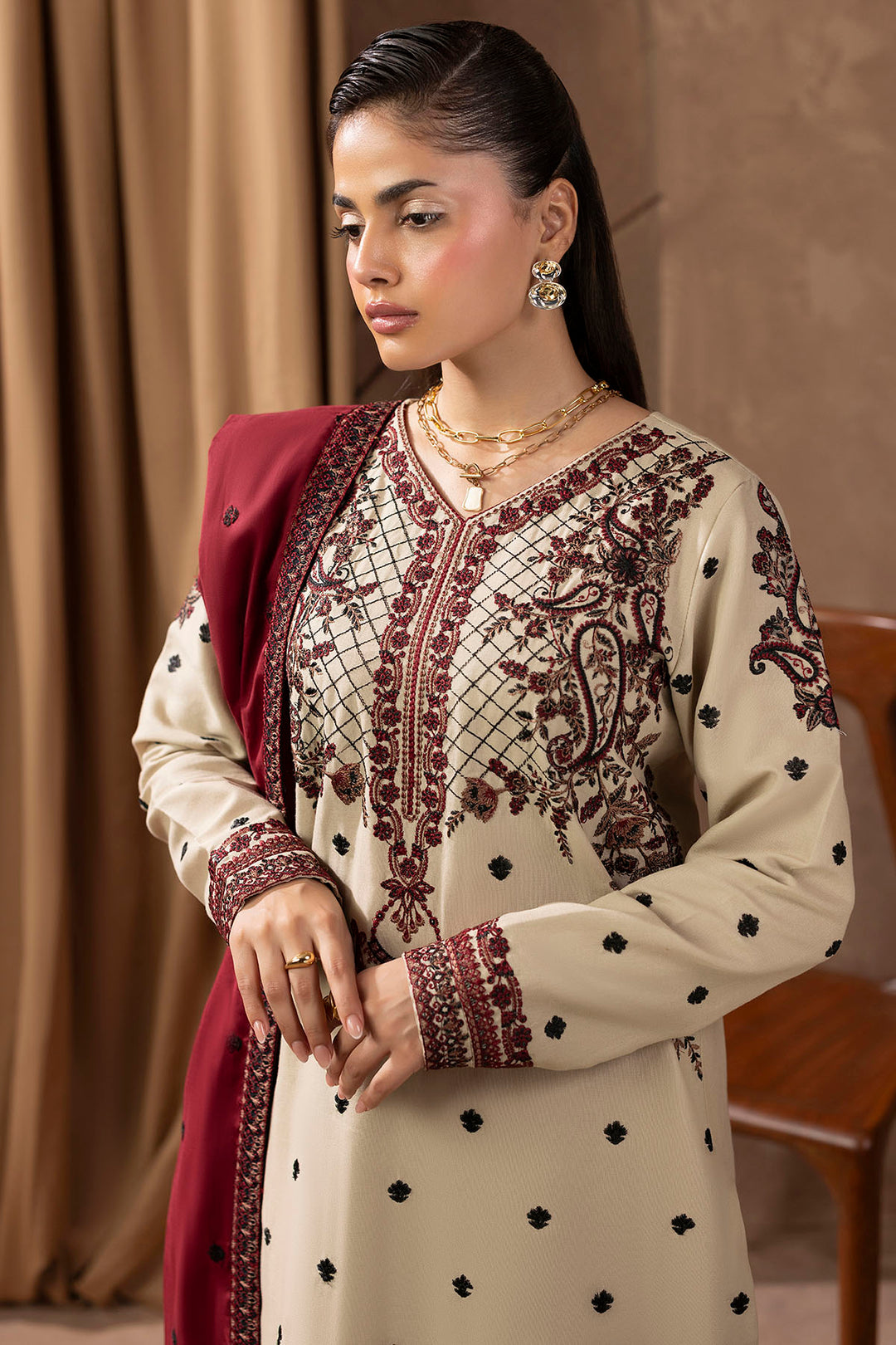 5678-LATTE EMBROIDERED KHADDAR STITCHED