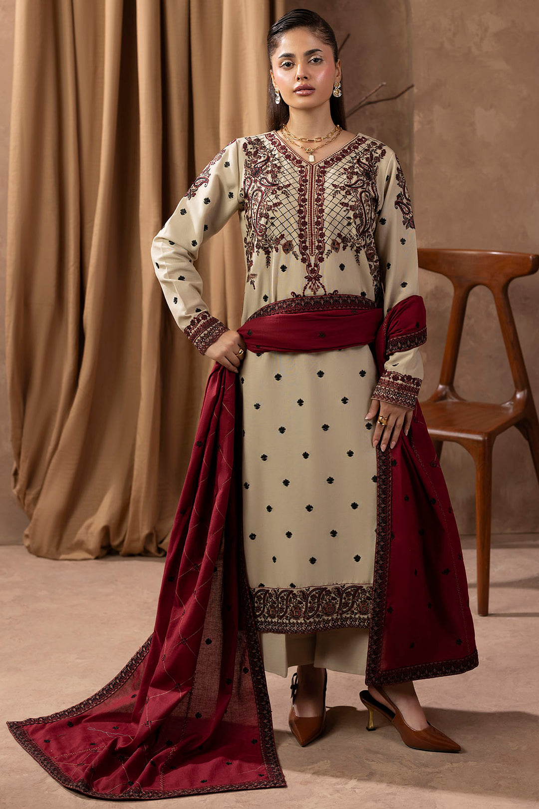 5678-LATTE EMBROIDERED KHADDAR STITCHED