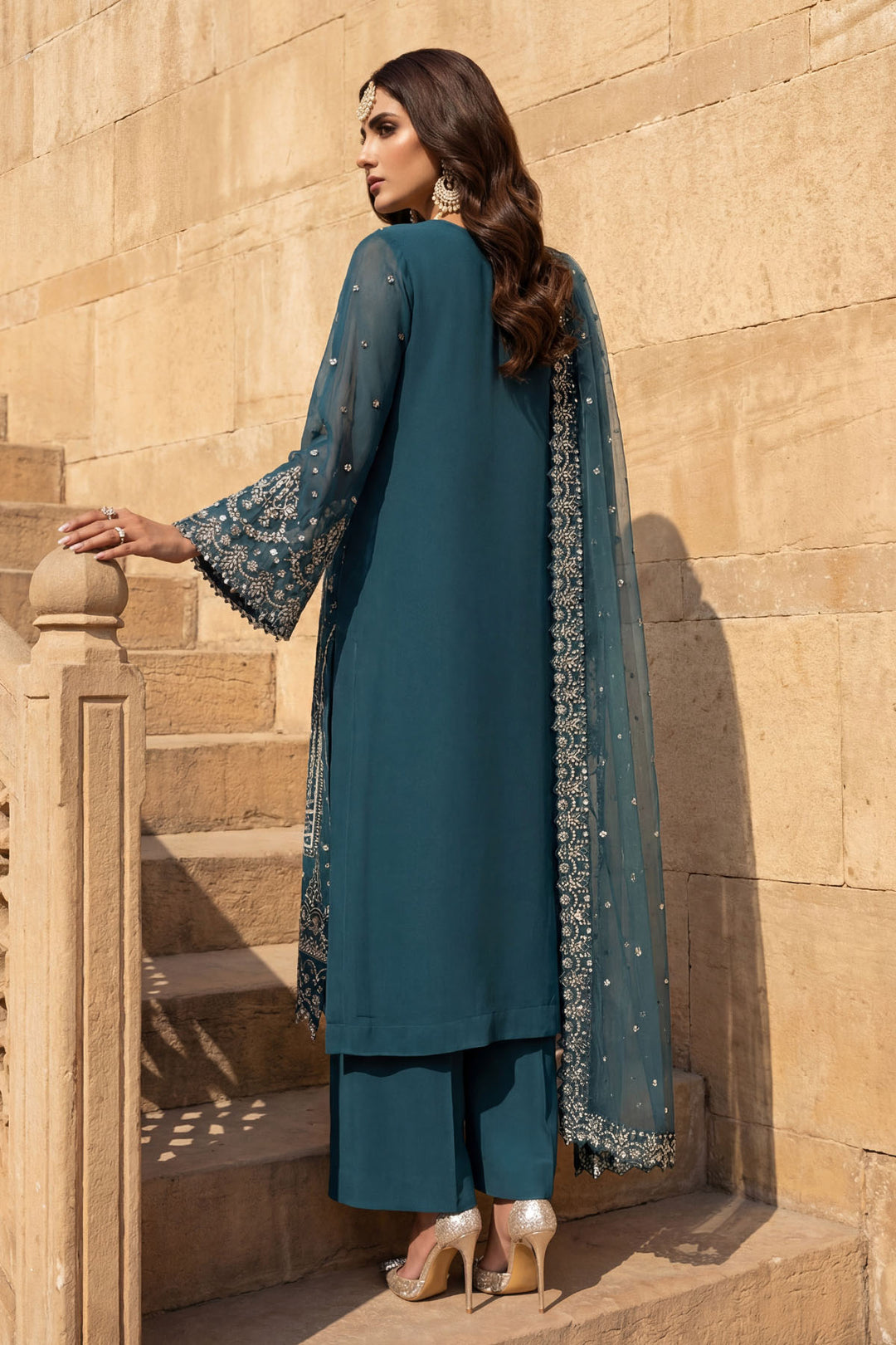 5742-REHA EMBROIDERED CRINKLE CHIFFON STITCHED
