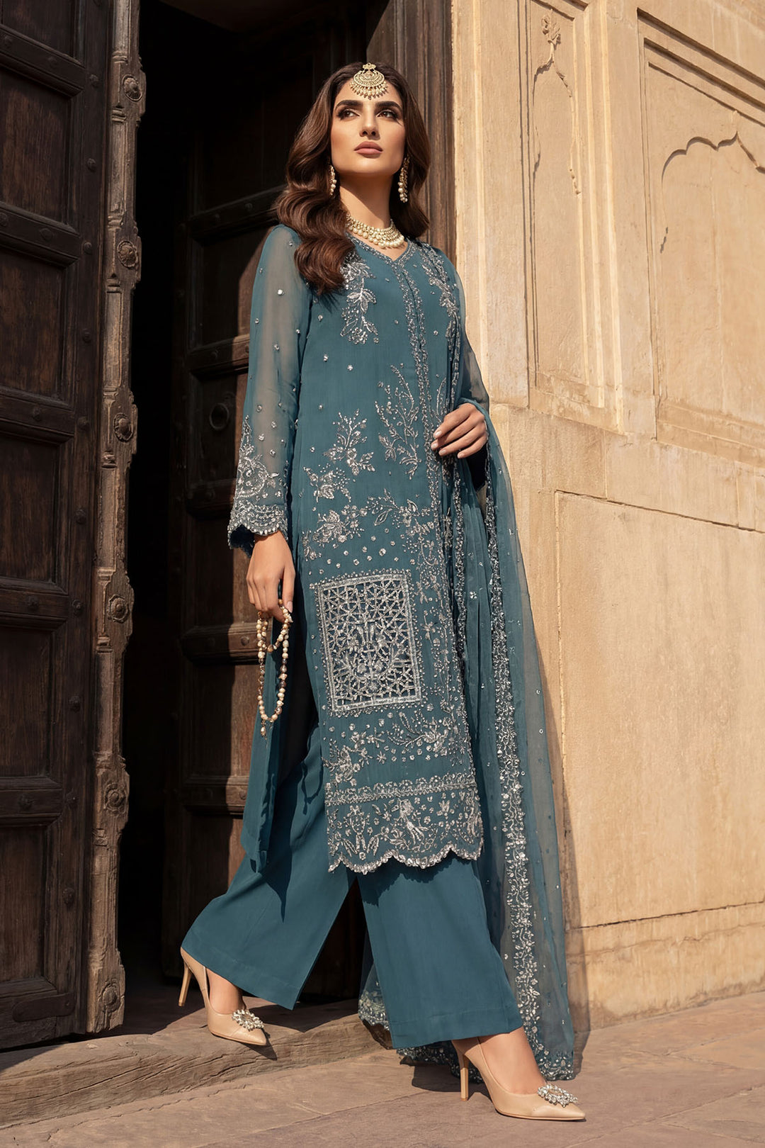 5742-REHA EMBROIDERED CRINKLE CHIFFON STITCHED