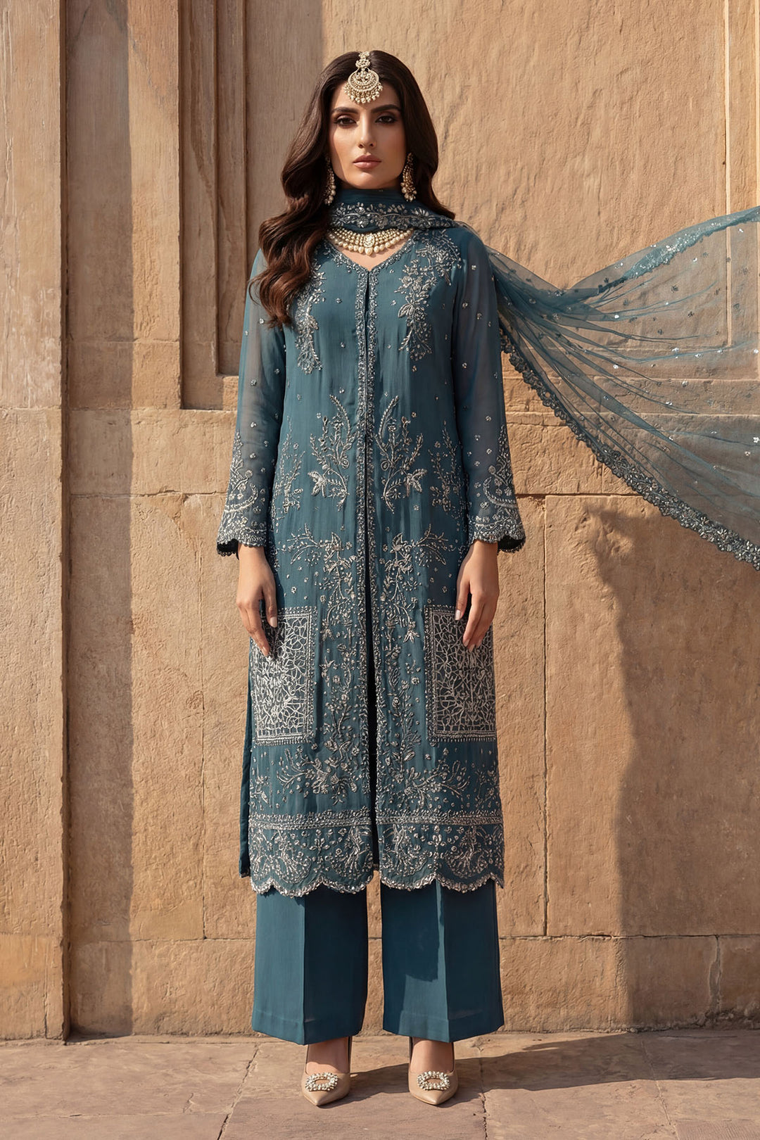 5742-REHA EMBROIDERED CRINKLE CHIFFON STITCHED