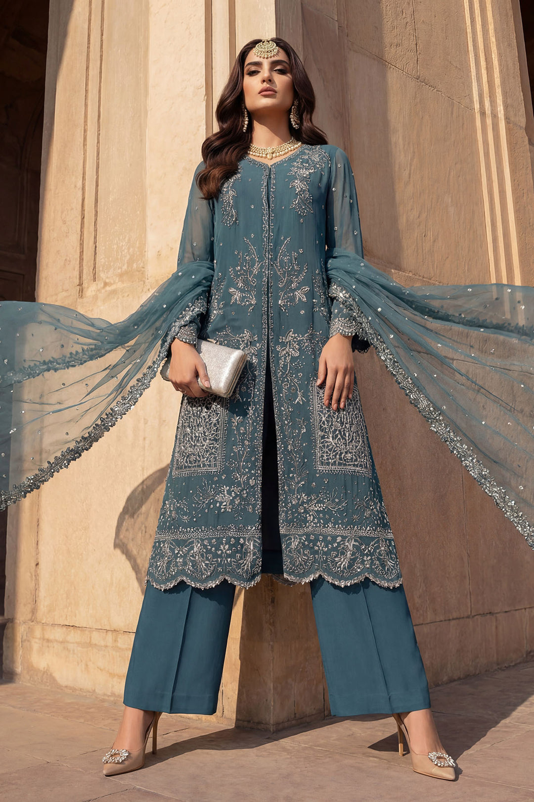 5742-REHA EMBROIDERED CRINKLE CHIFFON STITCHED