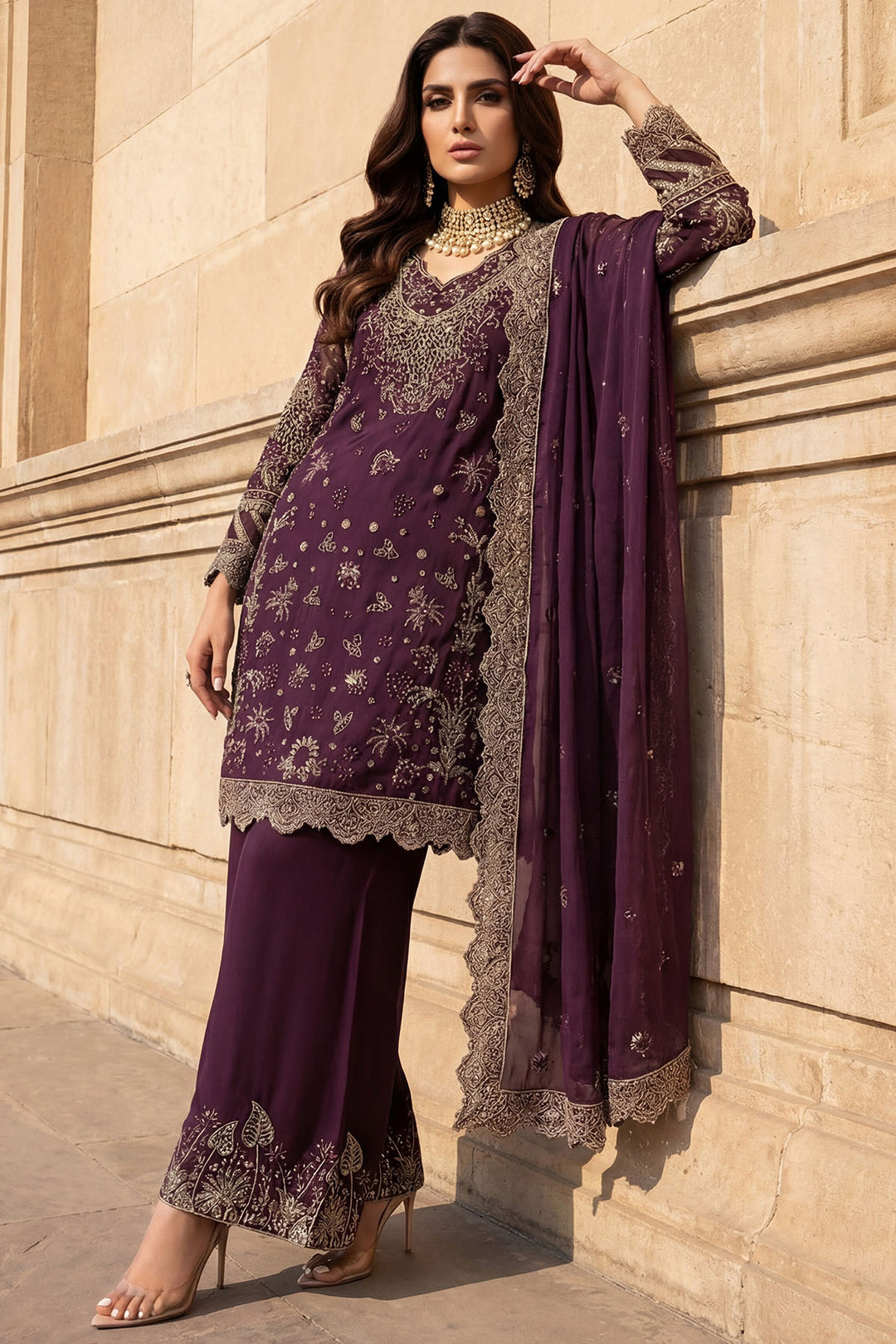 5747-AYLA EMBROIDERED CRINKLE CHIFFON STITCHED