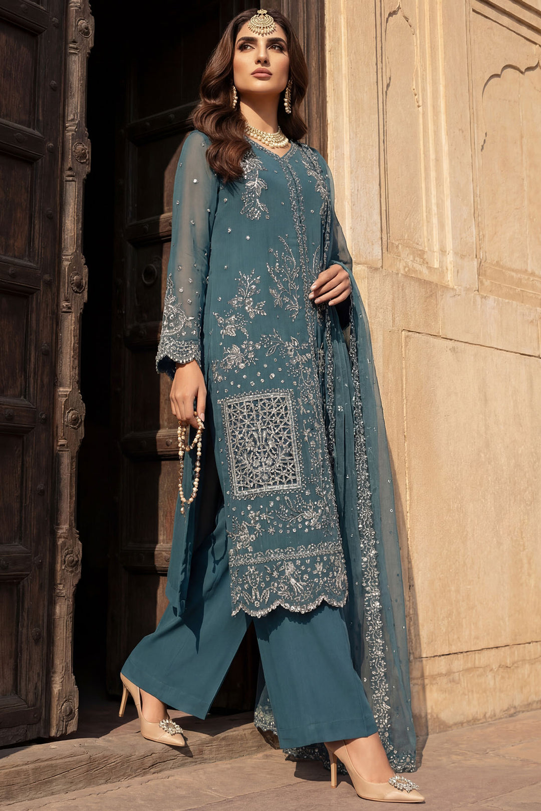 5748-ARZOO EMBROIDERED CRINKLE CHIFFON STITCHED