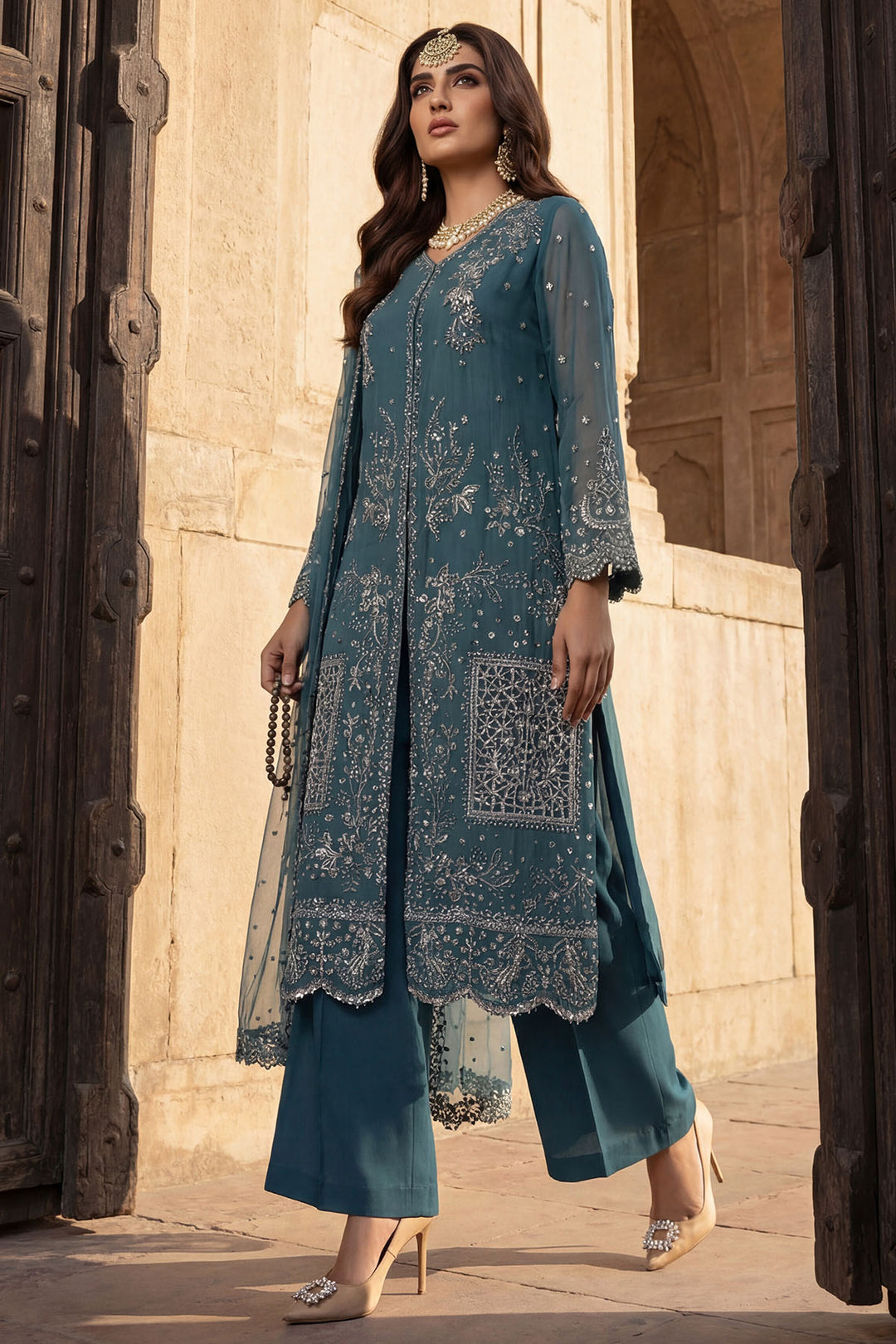 5748-ARZOO EMBROIDERED CRINKLE CHIFFON STITCHED