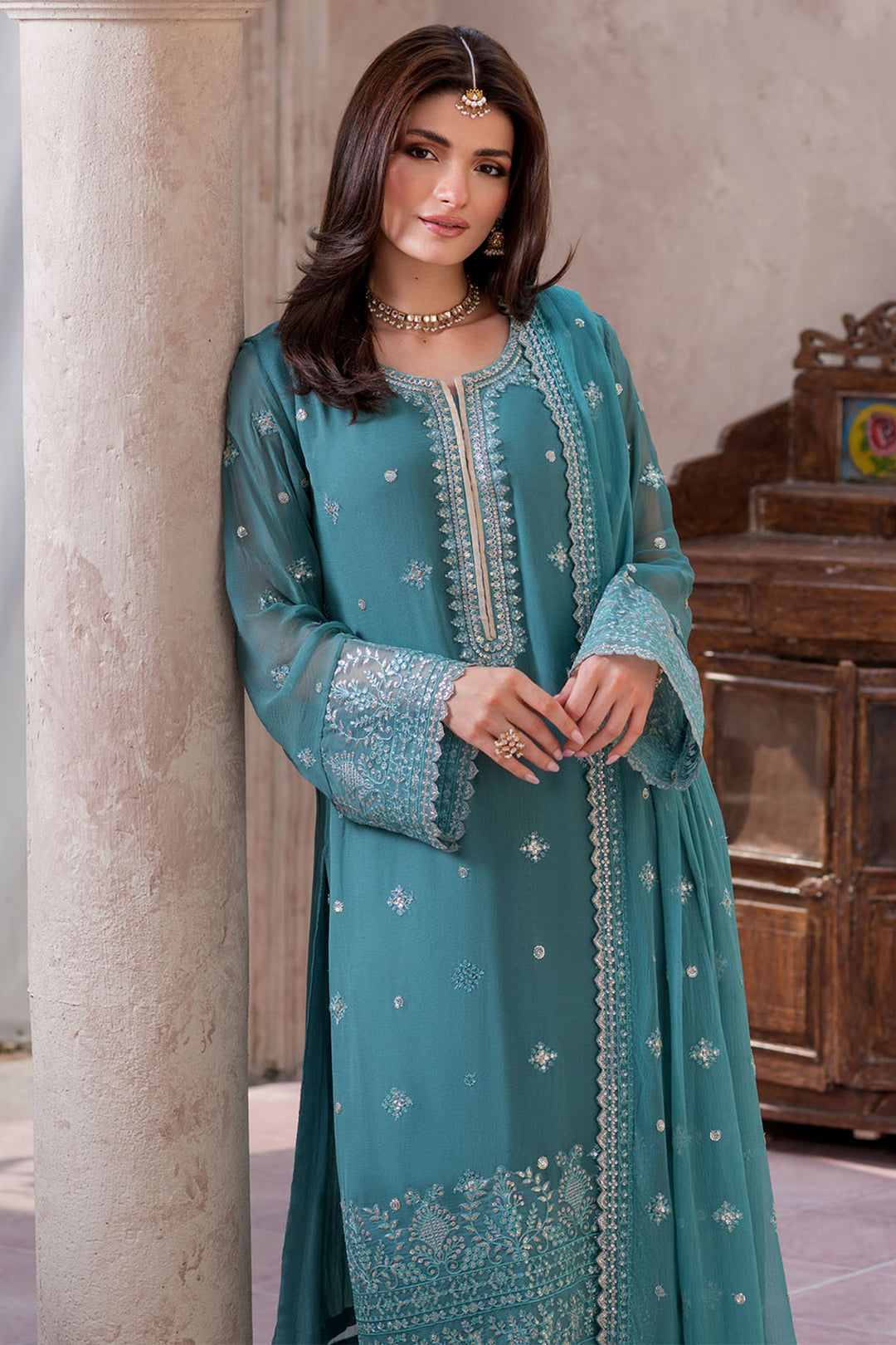 5757-HANNAH EMBROIDERED CRINKLE CHIFFON STITCHED