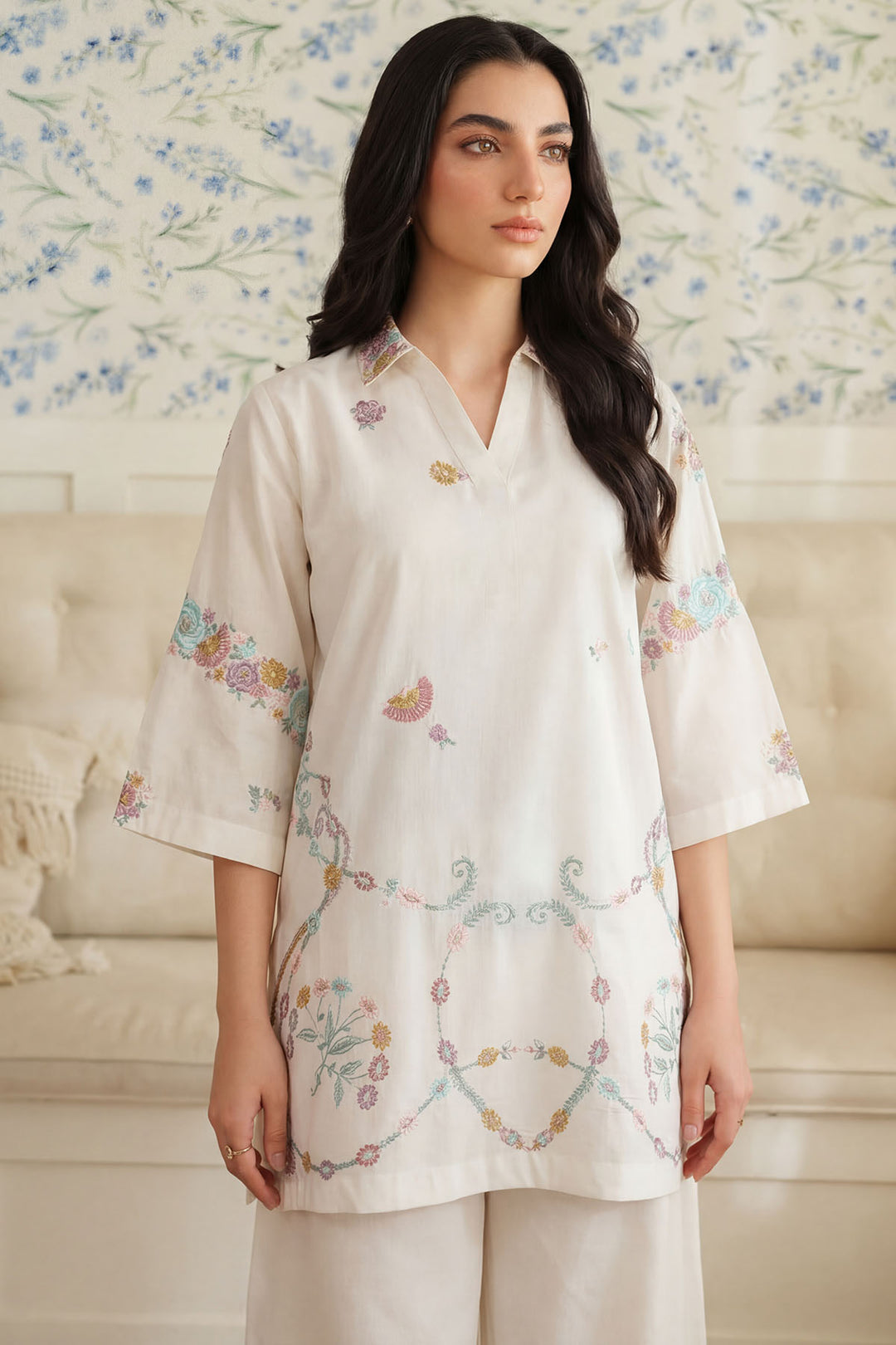 5946-INDIGO EMBROIDERED CAMBRIC STITCHED