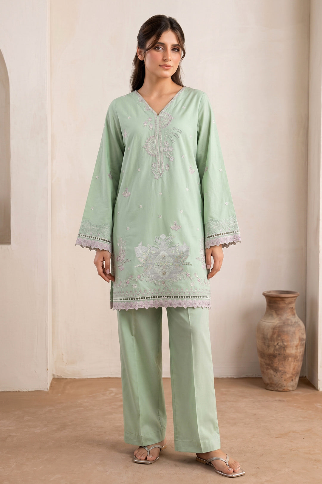 6237-OLIVE EMBROIDERED LAWN STITCHED