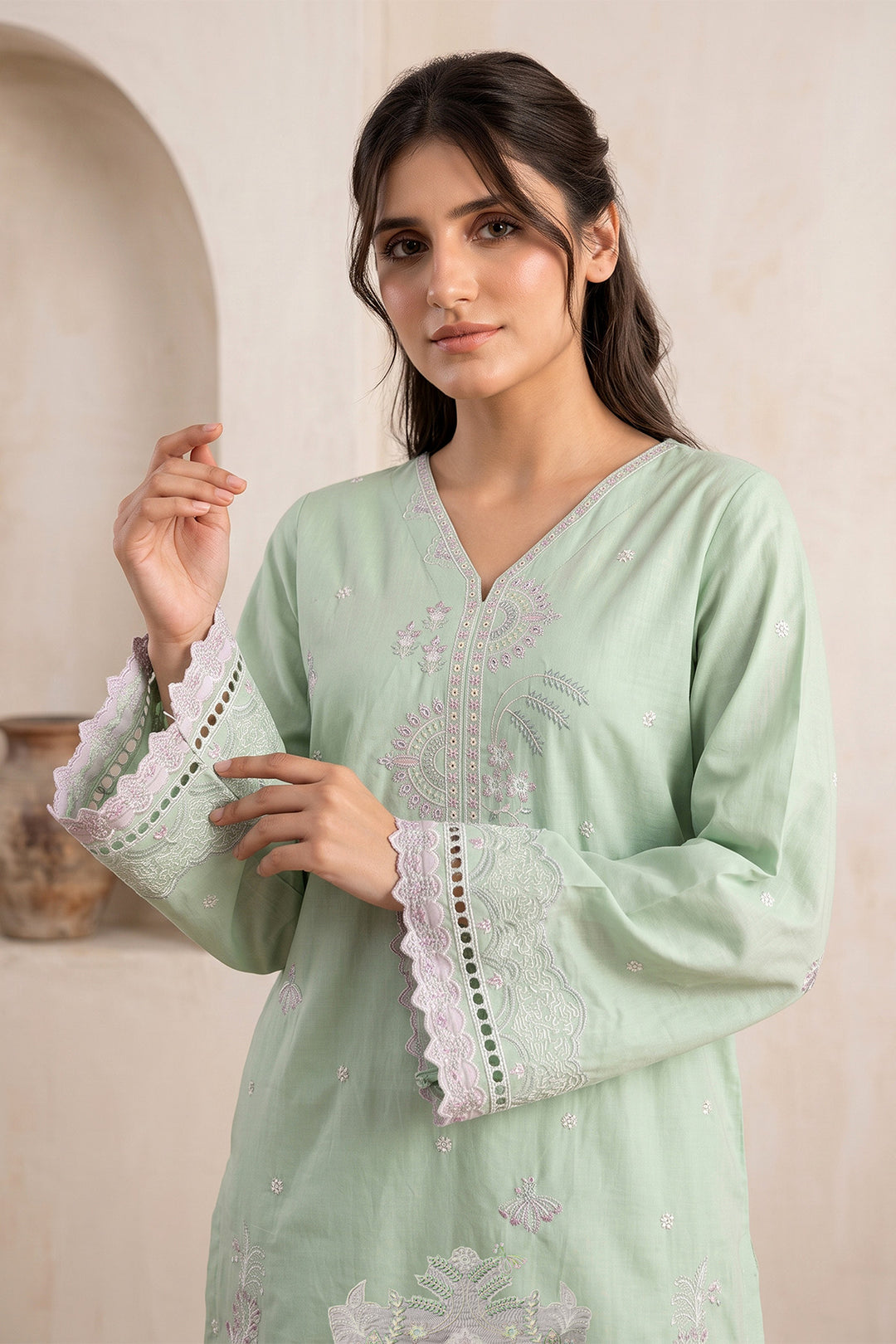 6237-OLIVE EMBROIDERED LAWN STITCHED