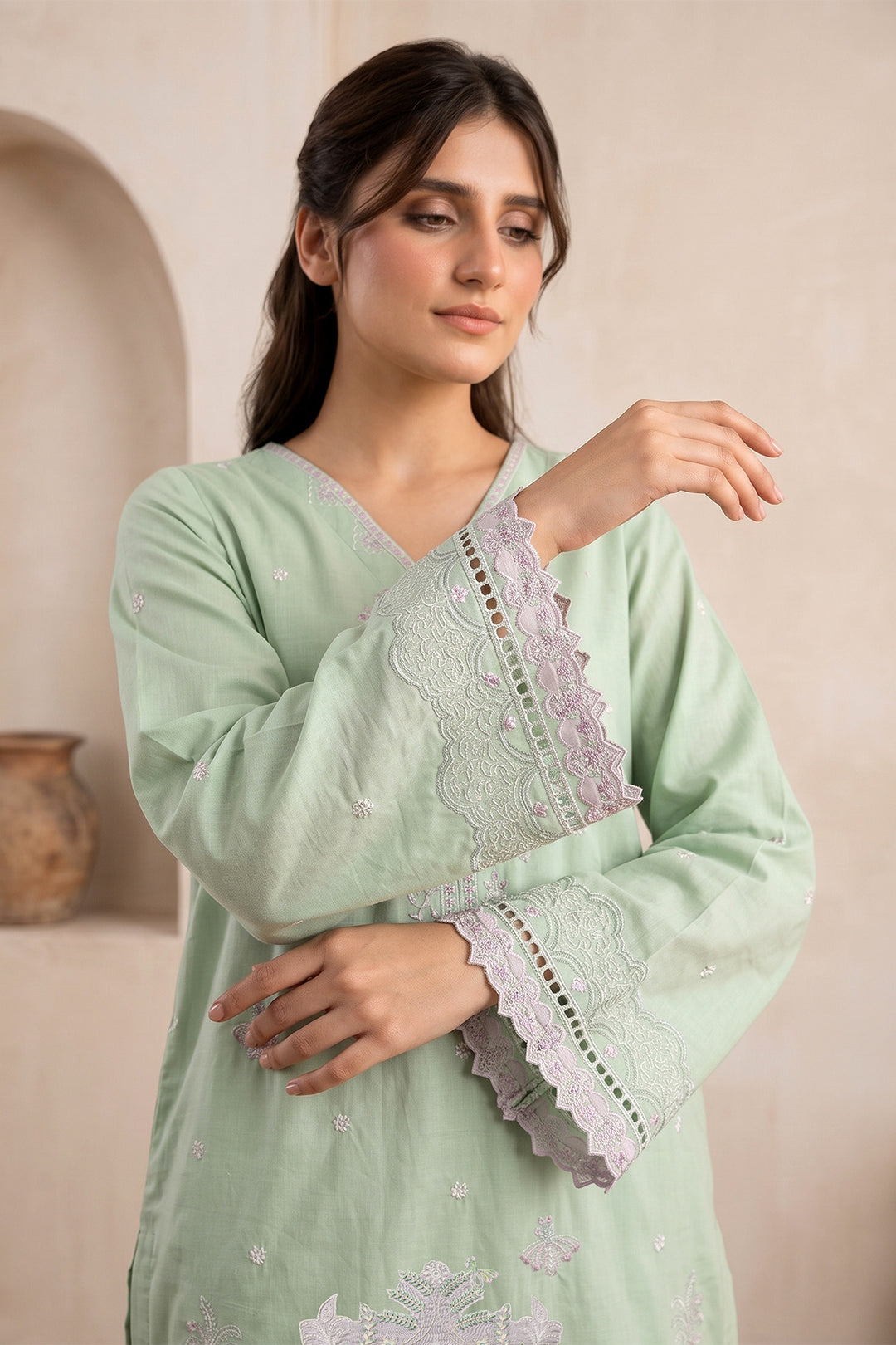 6237-OLIVE EMBROIDERED LAWN STITCHED