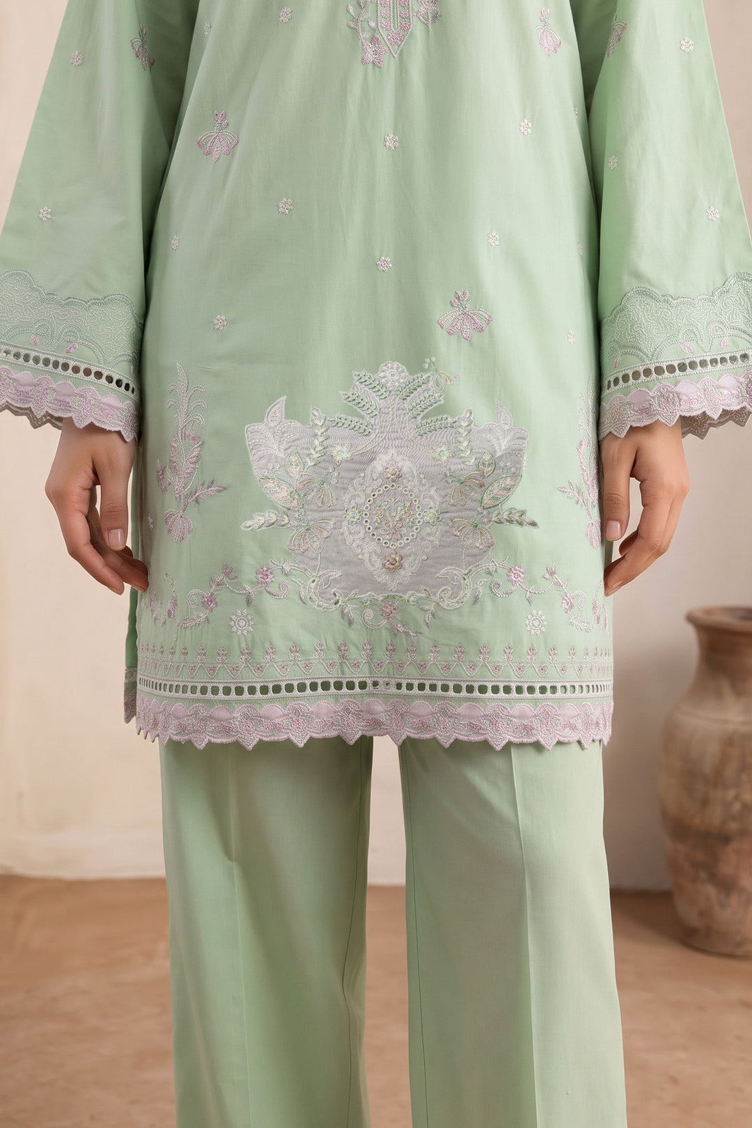 6237-OLIVE EMBROIDERED LAWN STITCHED