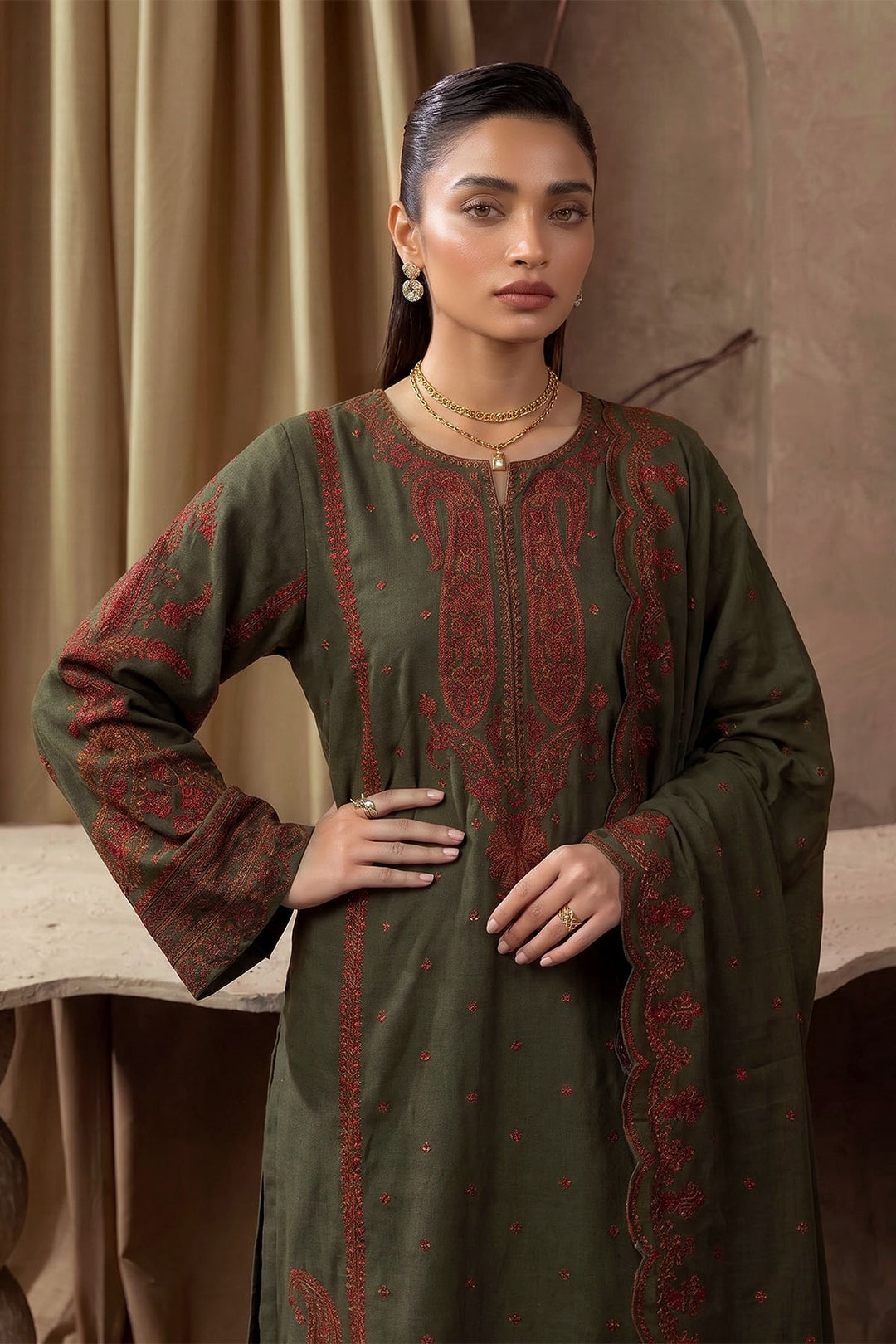6280-YASHAL EMBROIDERED KHADDAR STITCHED