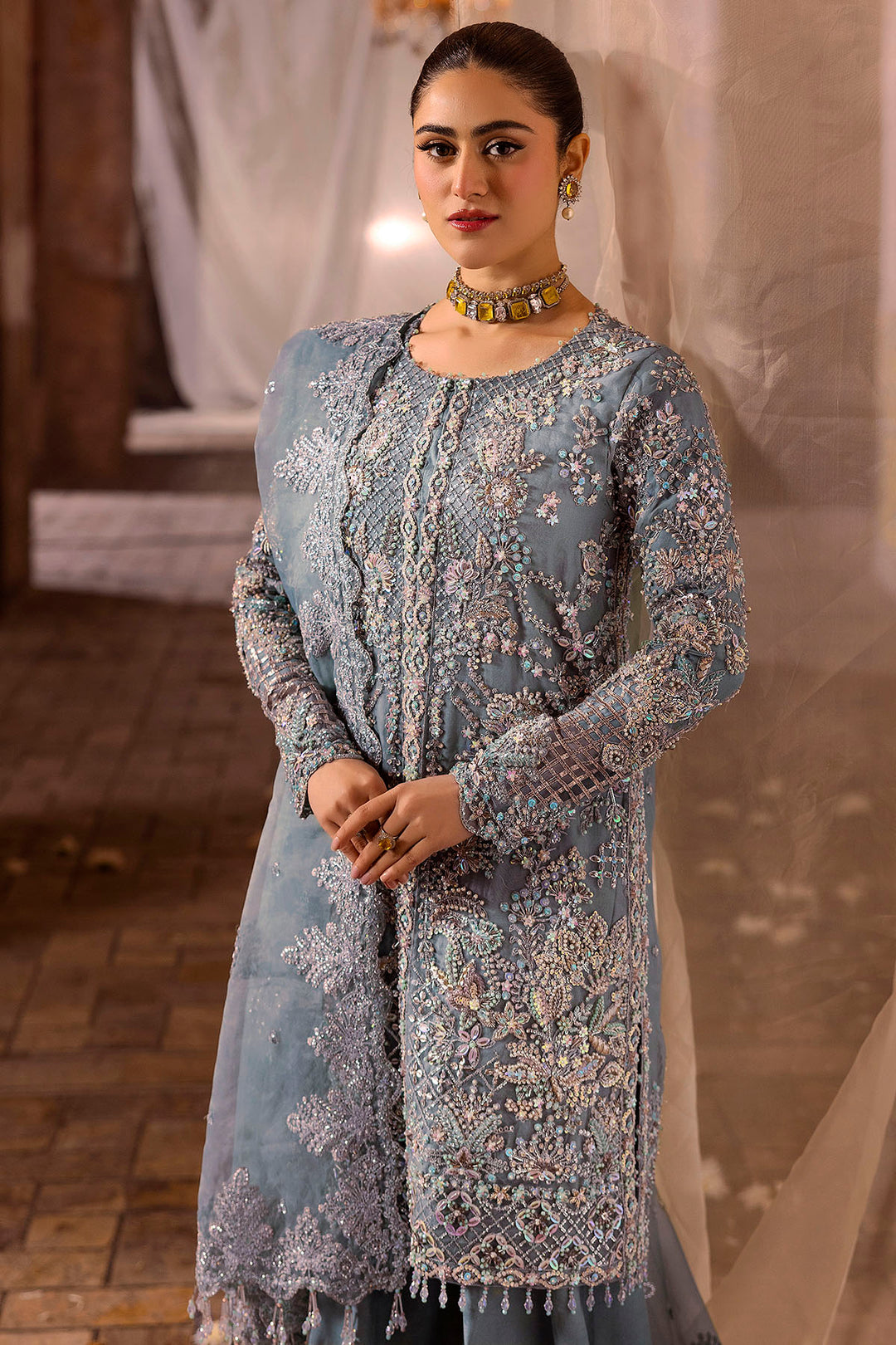 0014-FIROZEH EMBROIDERED ORGANZA STITCHED