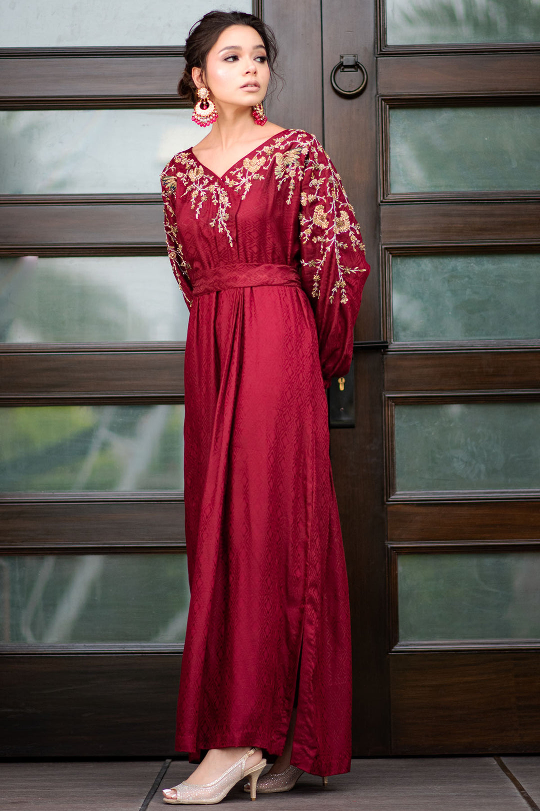 0046-RED-LUSTER HAND EMBELLISHED SILK STITCHED