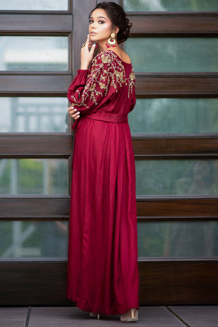 0046-RED-LUSTER HAND EMBELLISHED SILK STITCHED