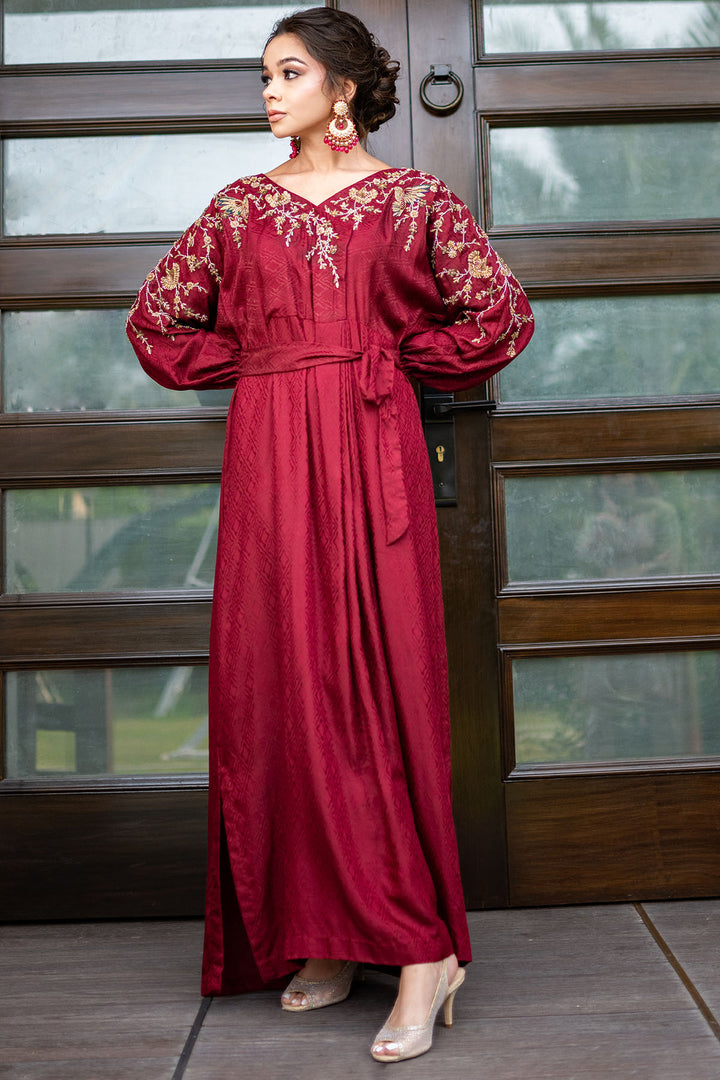 0046-RED-LUSTER HAND EMBELLISHED SILK STITCHED