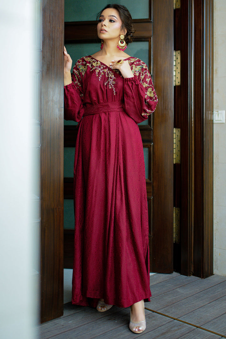 0046-RED-LUSTER HAND EMBELLISHED SILK STITCHED