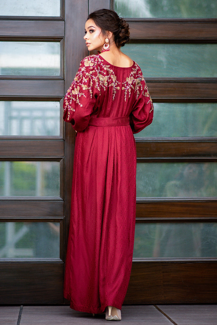 0046-RED-LUSTER HAND EMBELLISHED SILK STITCHED