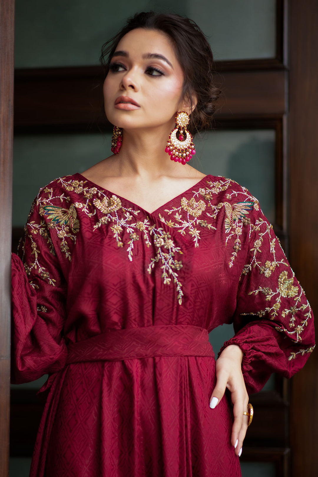 0046-RED-LUSTER HAND EMBELLISHED SILK STITCHED