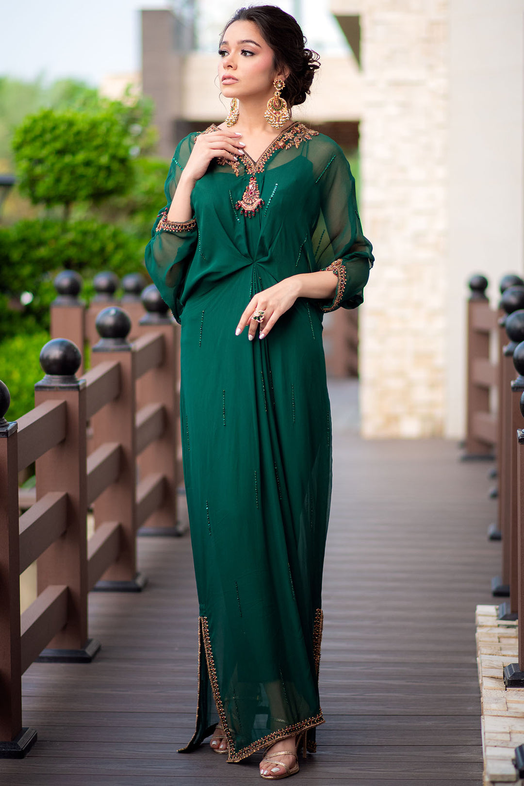 0048-EMERALD-JEWEL HAND EMBELLISHED SILK STITCHED