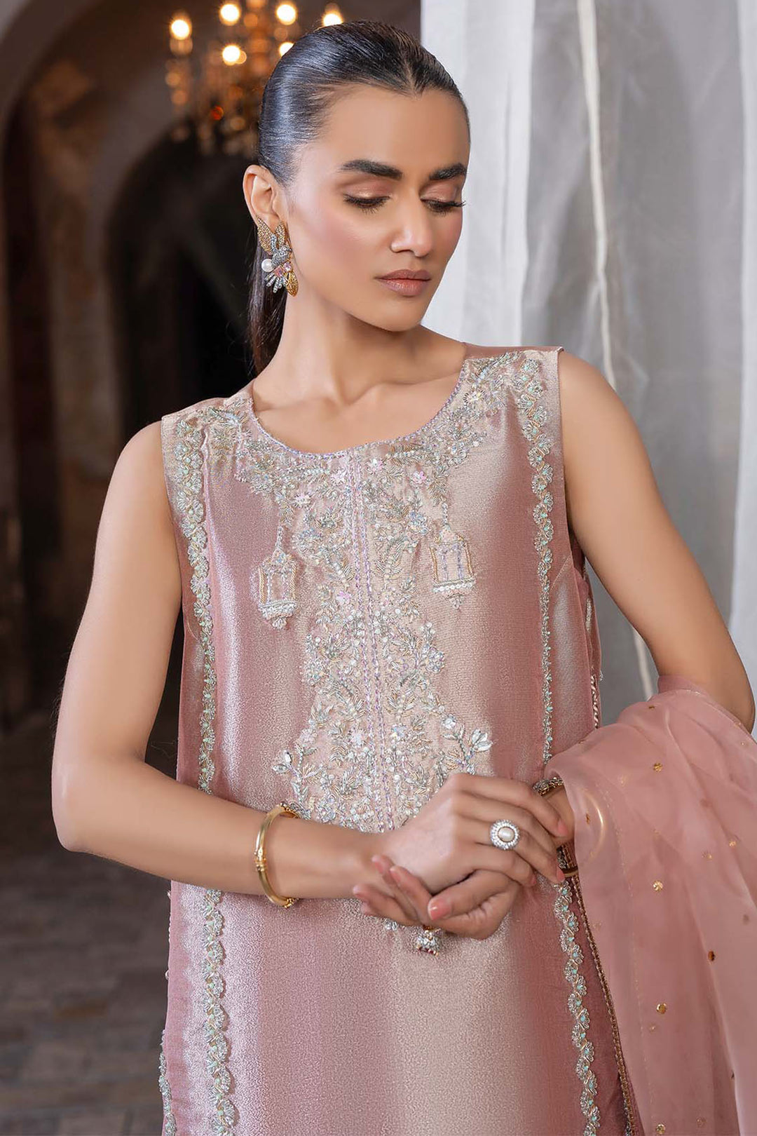 0081-ROSE DUST HAND EMBELLISHED TISSUE STITCHED