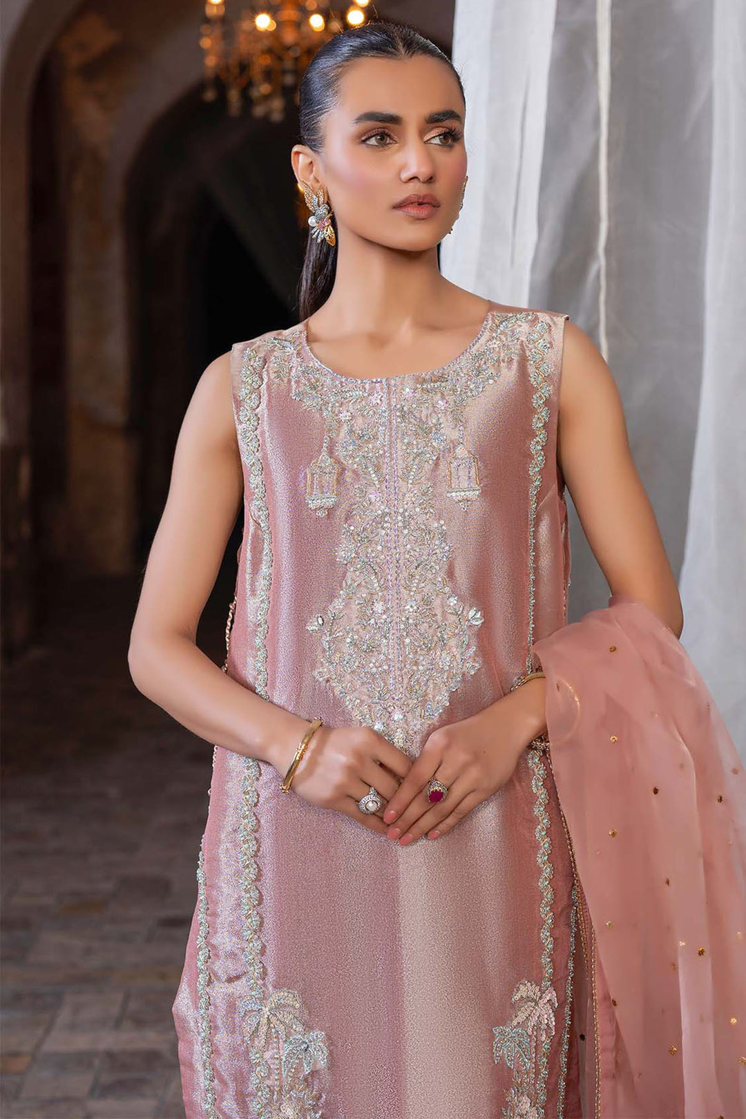 0081-ROSE DUST HAND EMBELLISHED TISSUE STITCHED