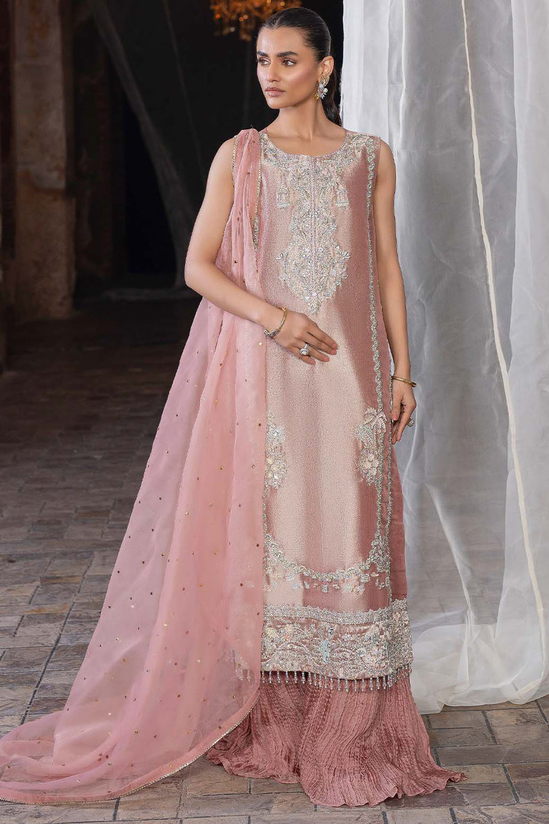 0081-ROSE DUST HAND EMBELLISHED TISSUE STITCHED