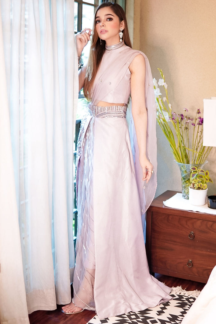 0095-LAVENDER HAND EMBELLISHED RAW SILK STITCHED