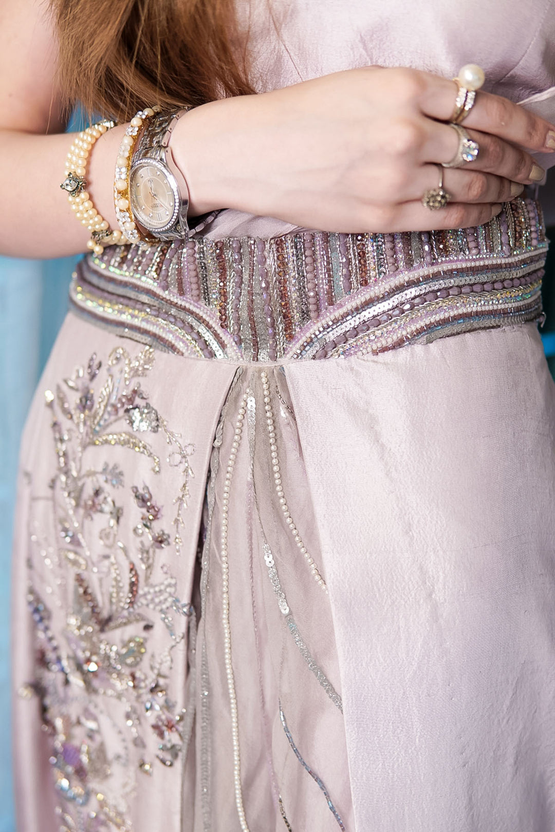 0095-LAVENDER HAND EMBELLISHED RAW SILK STITCHED