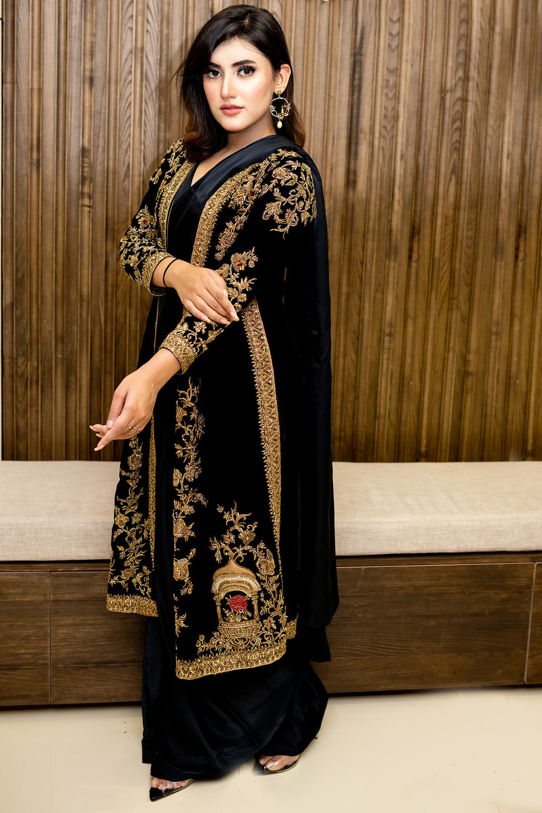 0099-BLACK-JEWEL HAND EMBELLISHED SILK STITCHED