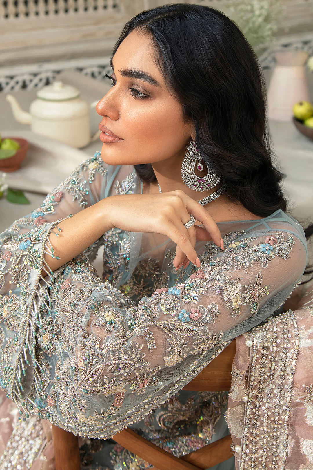 0104-CELESTE HAND EMBELLISHED SILK NET STITCHED