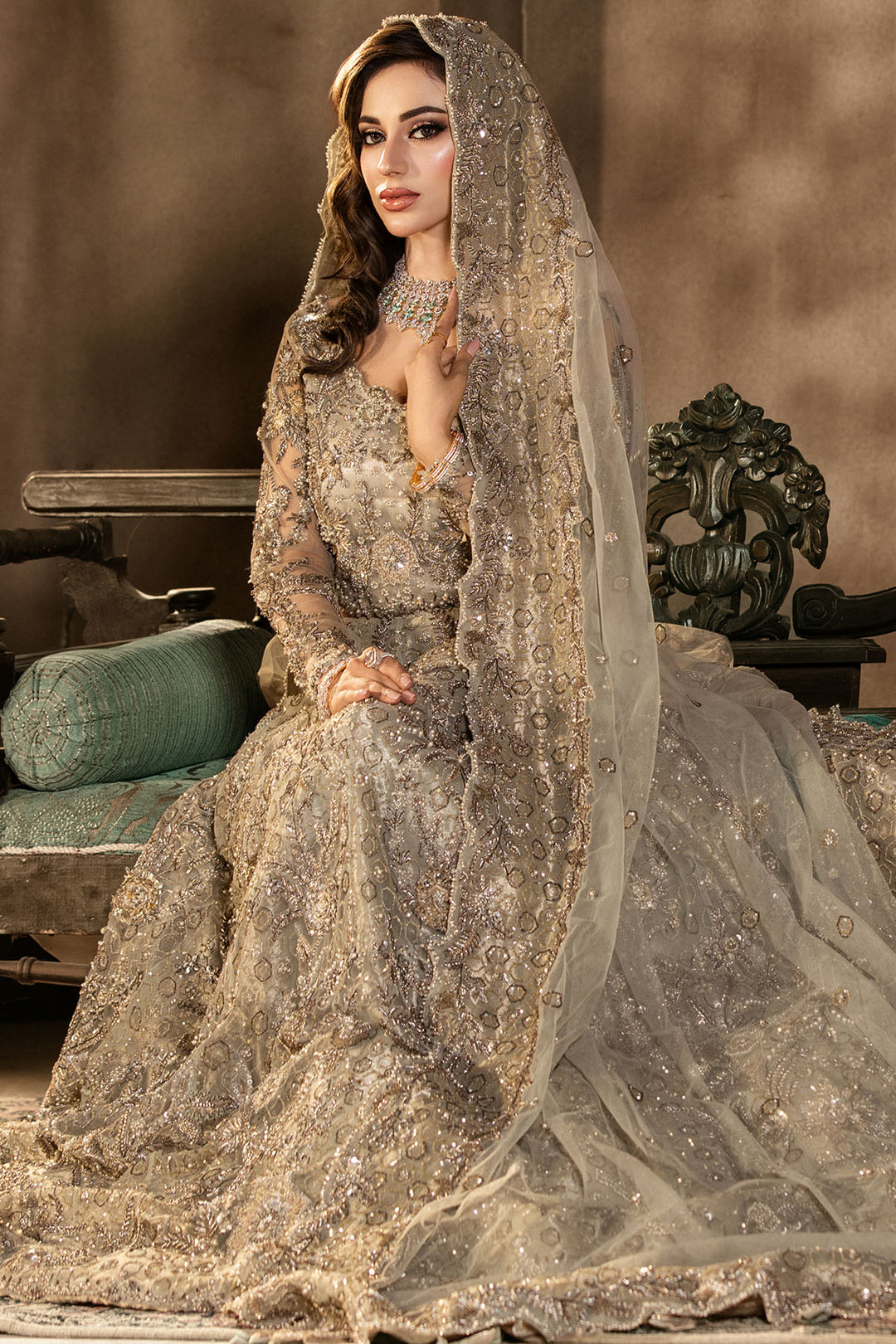0105-GRANDURE HAND EMBELLISHED SILK NET STITCHED