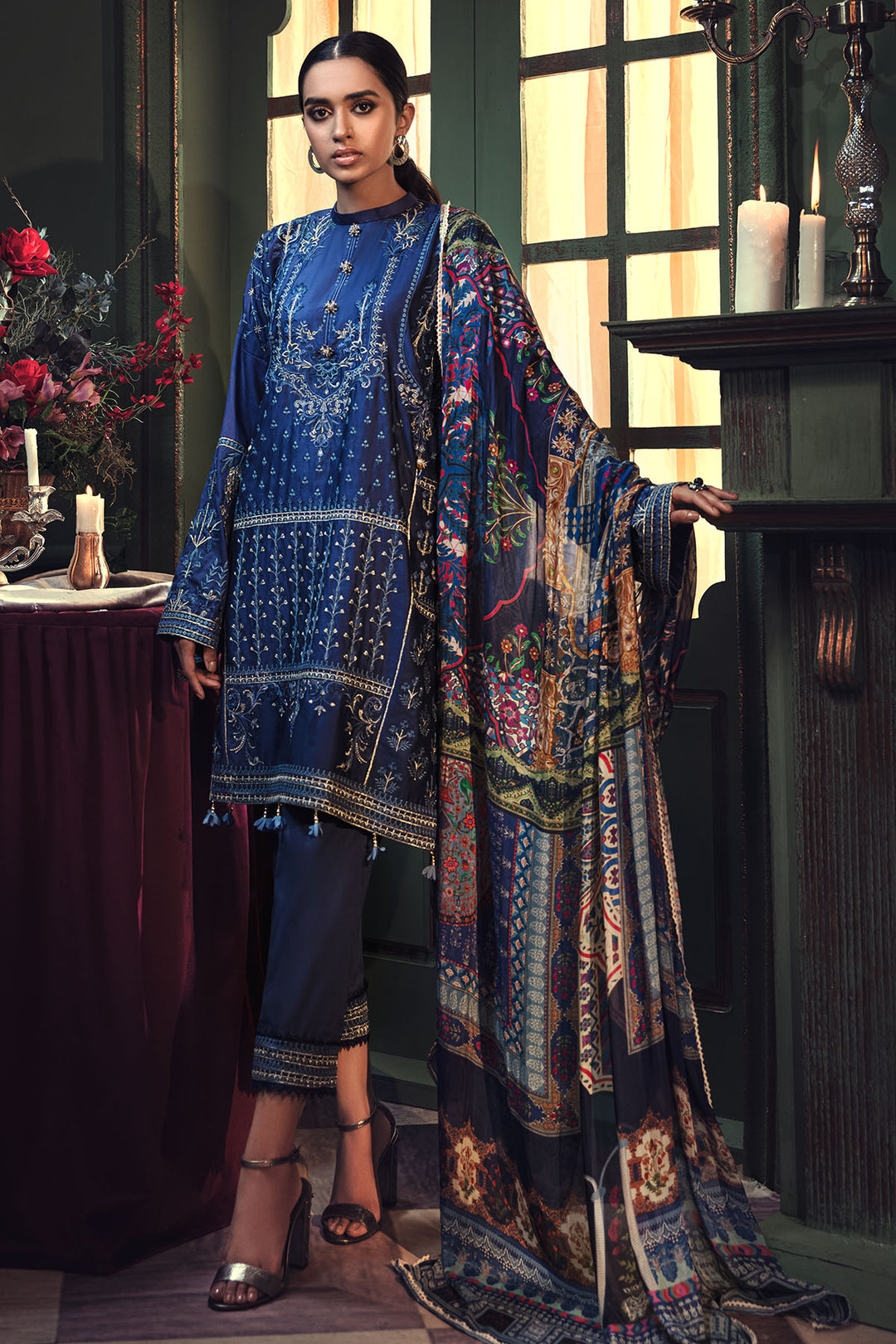 2664-OXFORD-BLUE EMBROIDERED COTTON SATIN UNSTITCHED