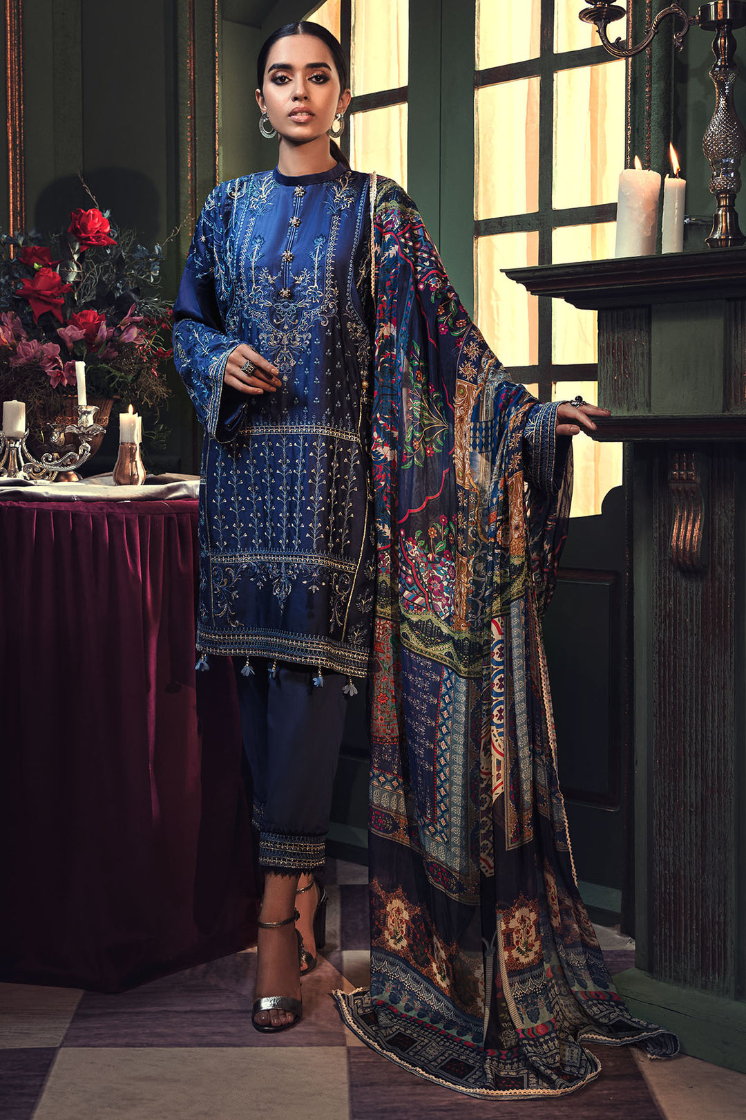 2664-OXFORD-BLUE EMBROIDERED COTTON SATIN UNSTITCHED