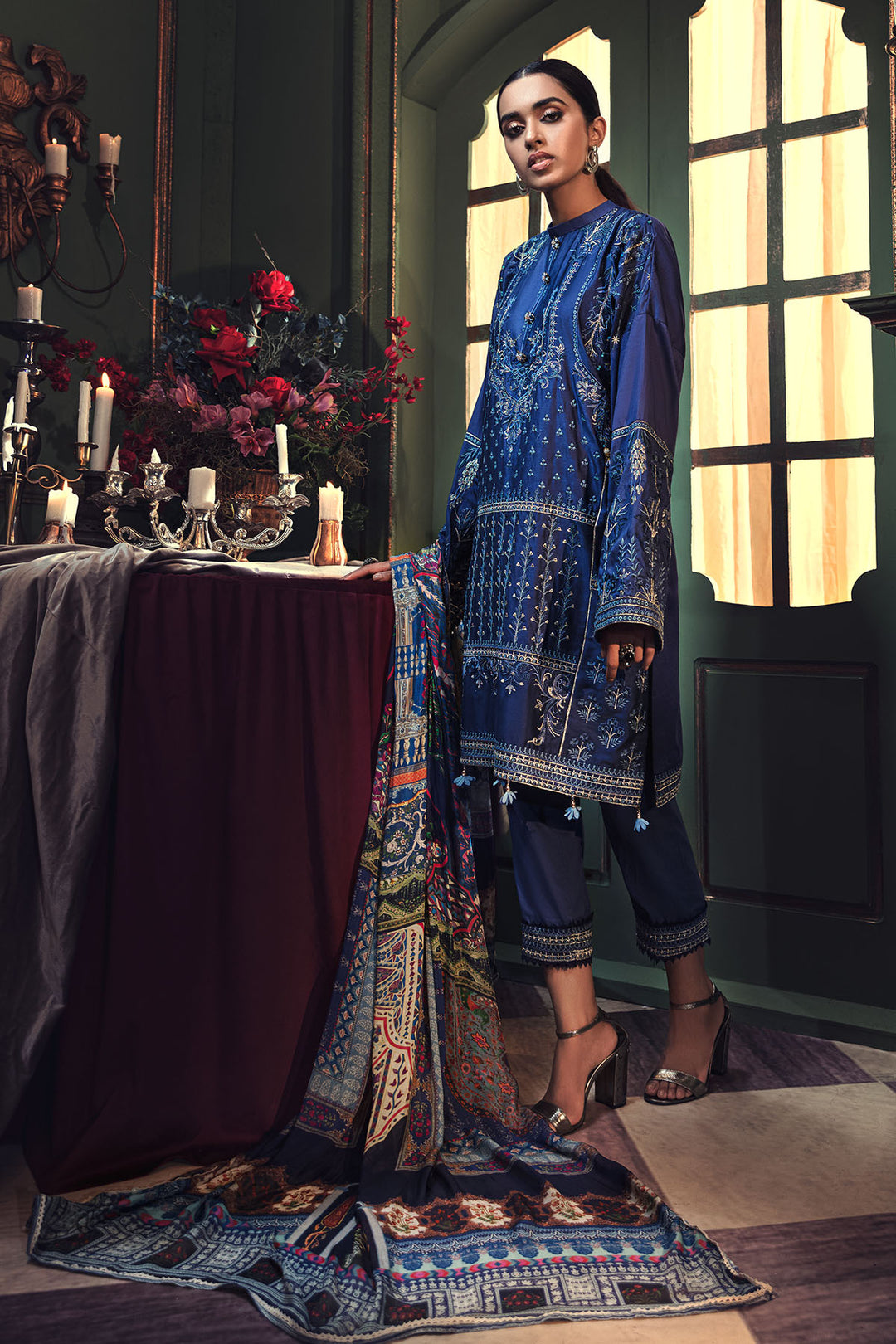 2664-OXFORD-BLUE EMBROIDERED COTTON SATIN UNSTITCHED