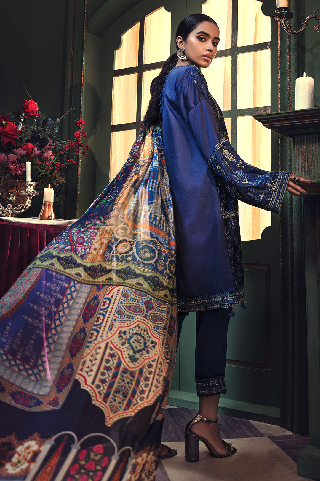 2664-OXFORD-BLUE EMBROIDERED COTTON SATIN UNSTITCHED