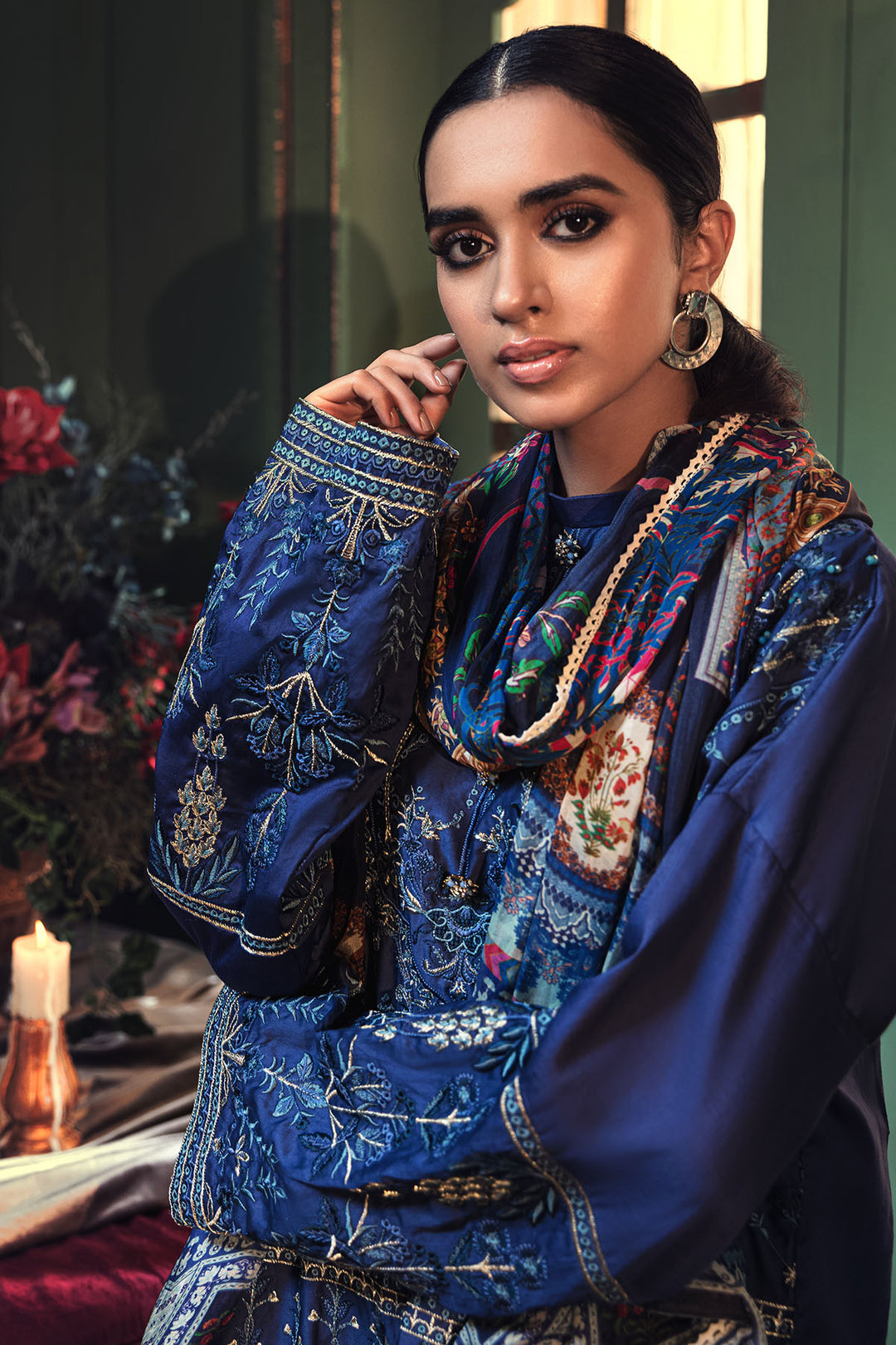 2664-OXFORD-BLUE EMBROIDERED COTTON SATIN UNSTITCHED
