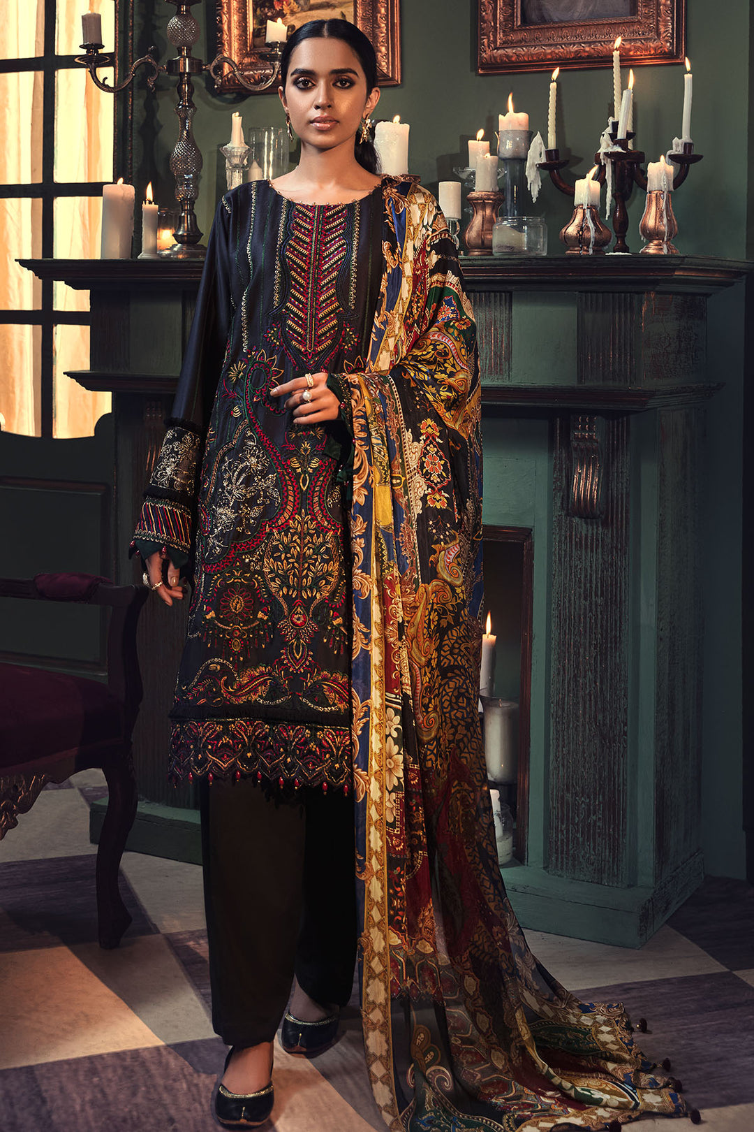 2663-CHARCOAL EMBROIDERED COTTON SATIN UNSTITCHED