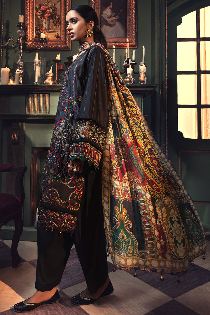 2663-CHARCOAL EMBROIDERED COTTON SATIN UNSTITCHED