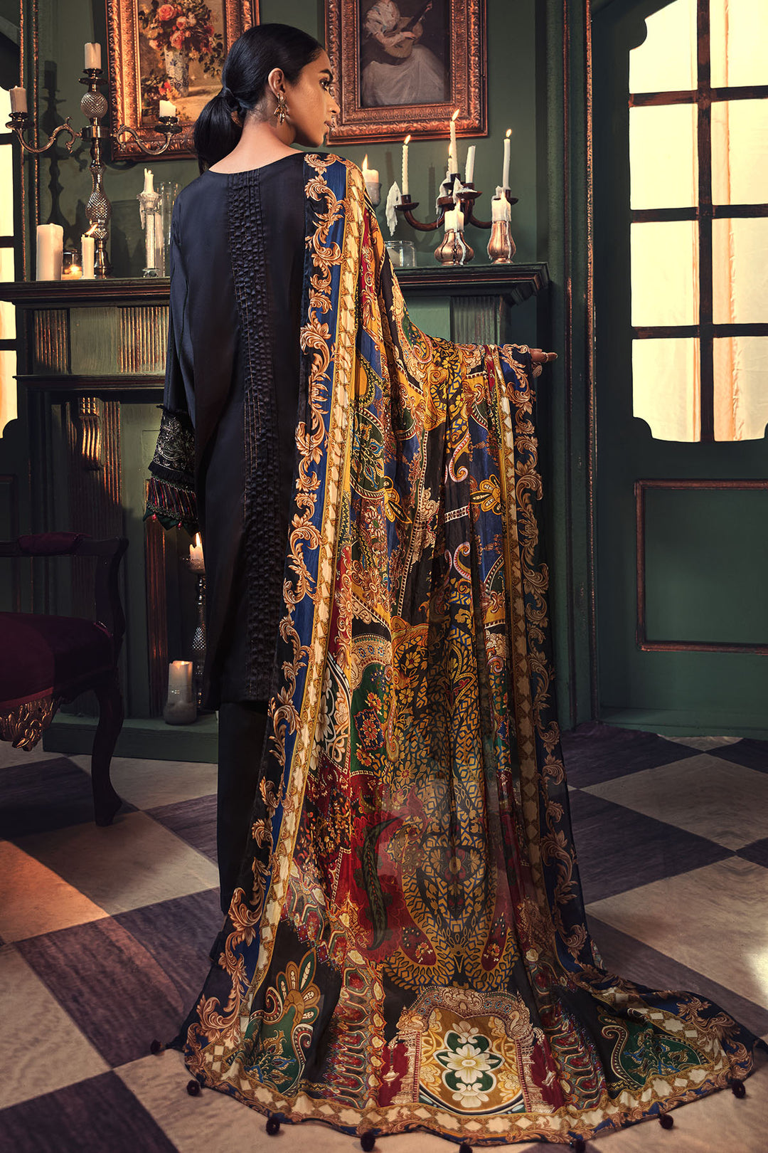 2663-CHARCOAL EMBROIDERED COTTON SATIN UNSTITCHED