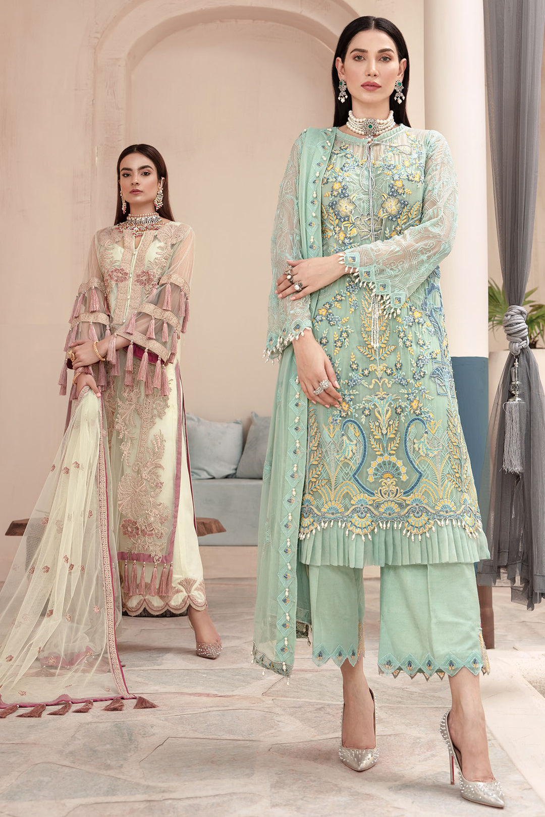 2574-BERYL-GREEN EMBROIDERED BEMBERG CHIFFON UNSTITCHED
