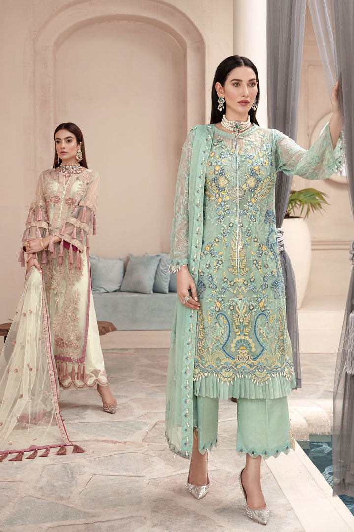 2574-BERYL-GREEN EMBROIDERED BEMBERG CHIFFON UNSTITCHED